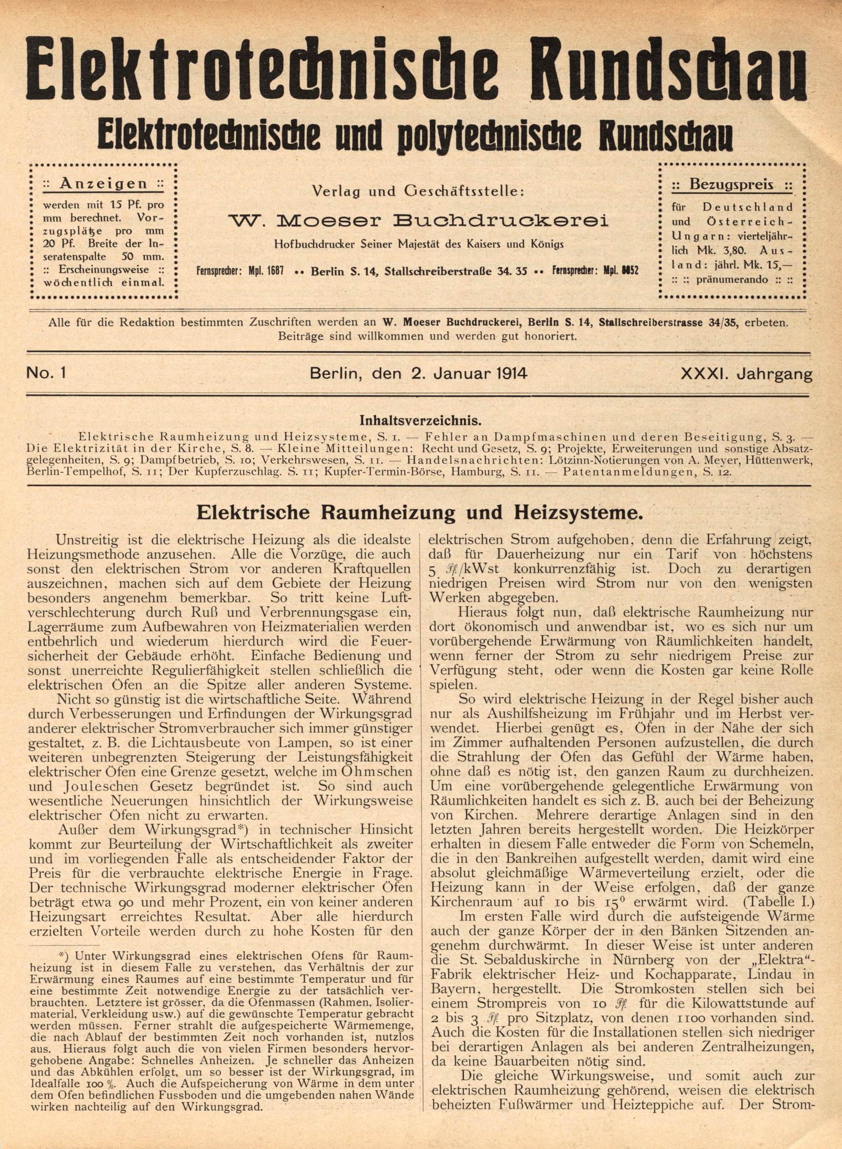 Elektrotechnische Rundschau : Elektrotechnische und polytechnische Rundschau, No. 1, XXXI. Jahrgang