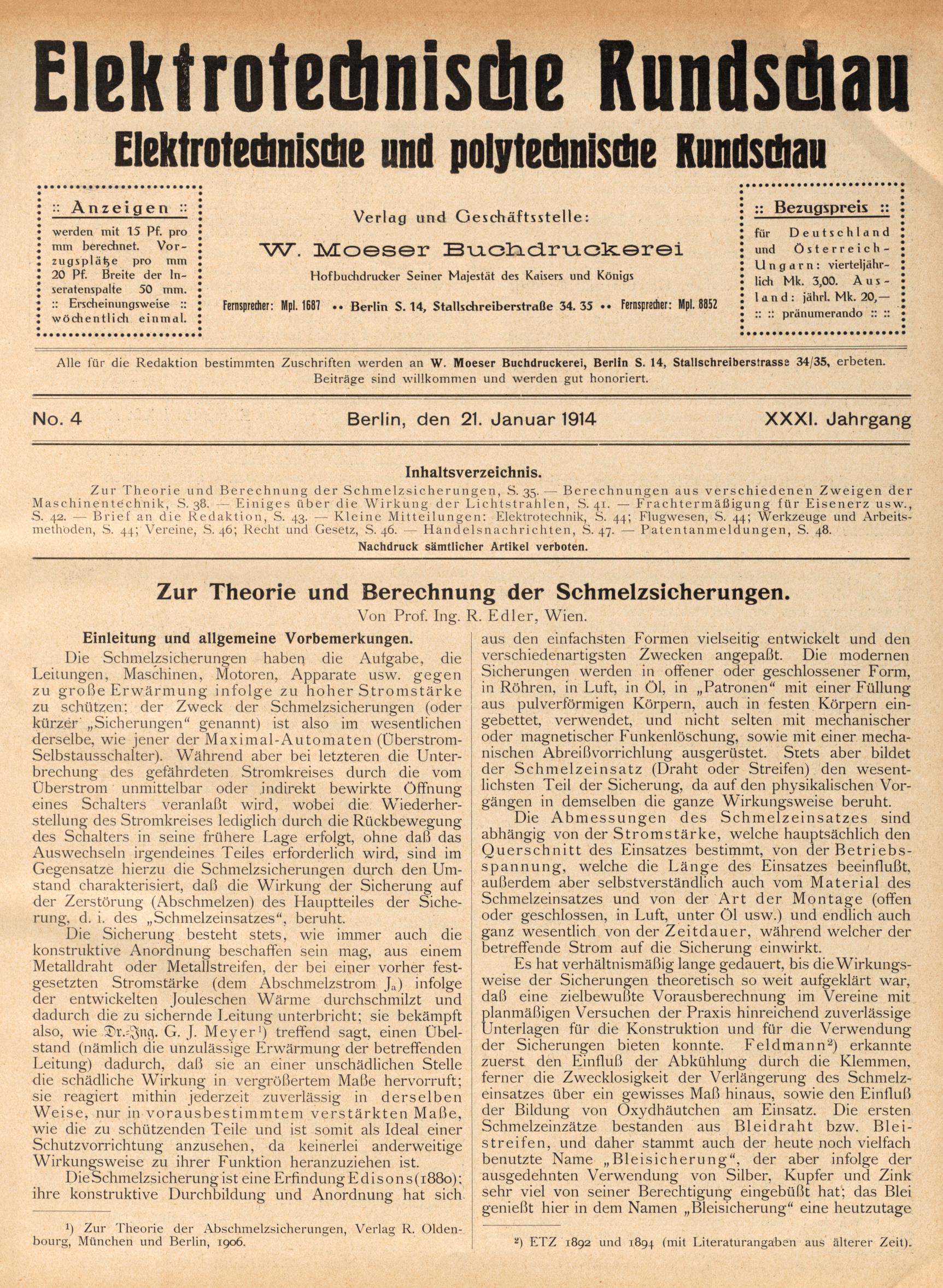 Elektrotechnische Rundschau : Elektrotechnische und polytechnische Rundschau, No. 4, XXXI. Jahrgang