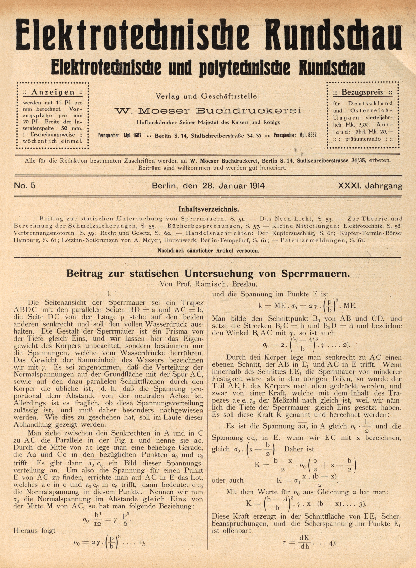 Elektrotechnische Rundschau : Elektrotechnische und polytechnische Rundschau, No. 5, XXXI. Jahrgang