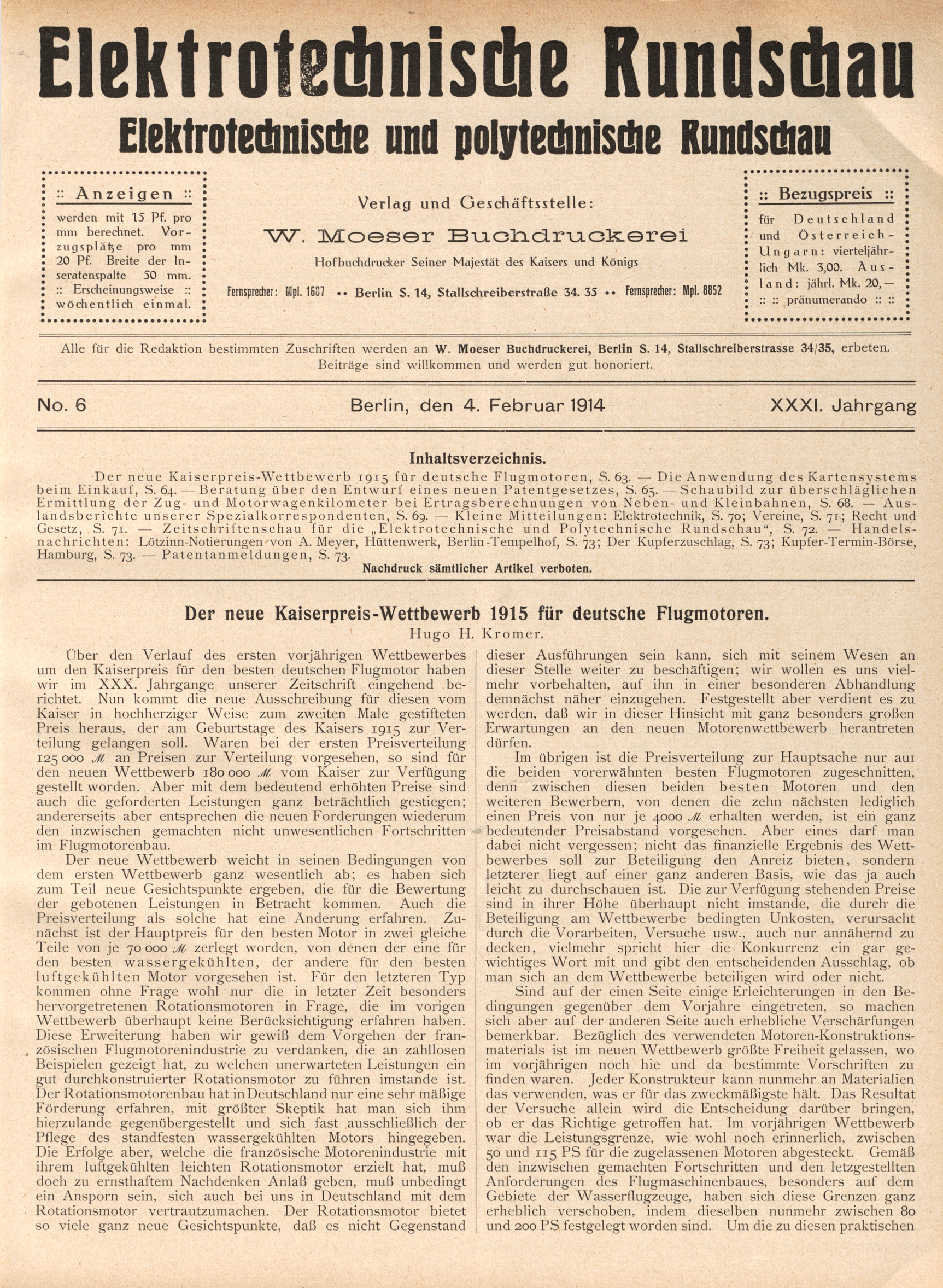 Elektrotechnische Rundschau : Elektrotechnische und polytechnische Rundschau, No. 6, XXXI. Jahrgang