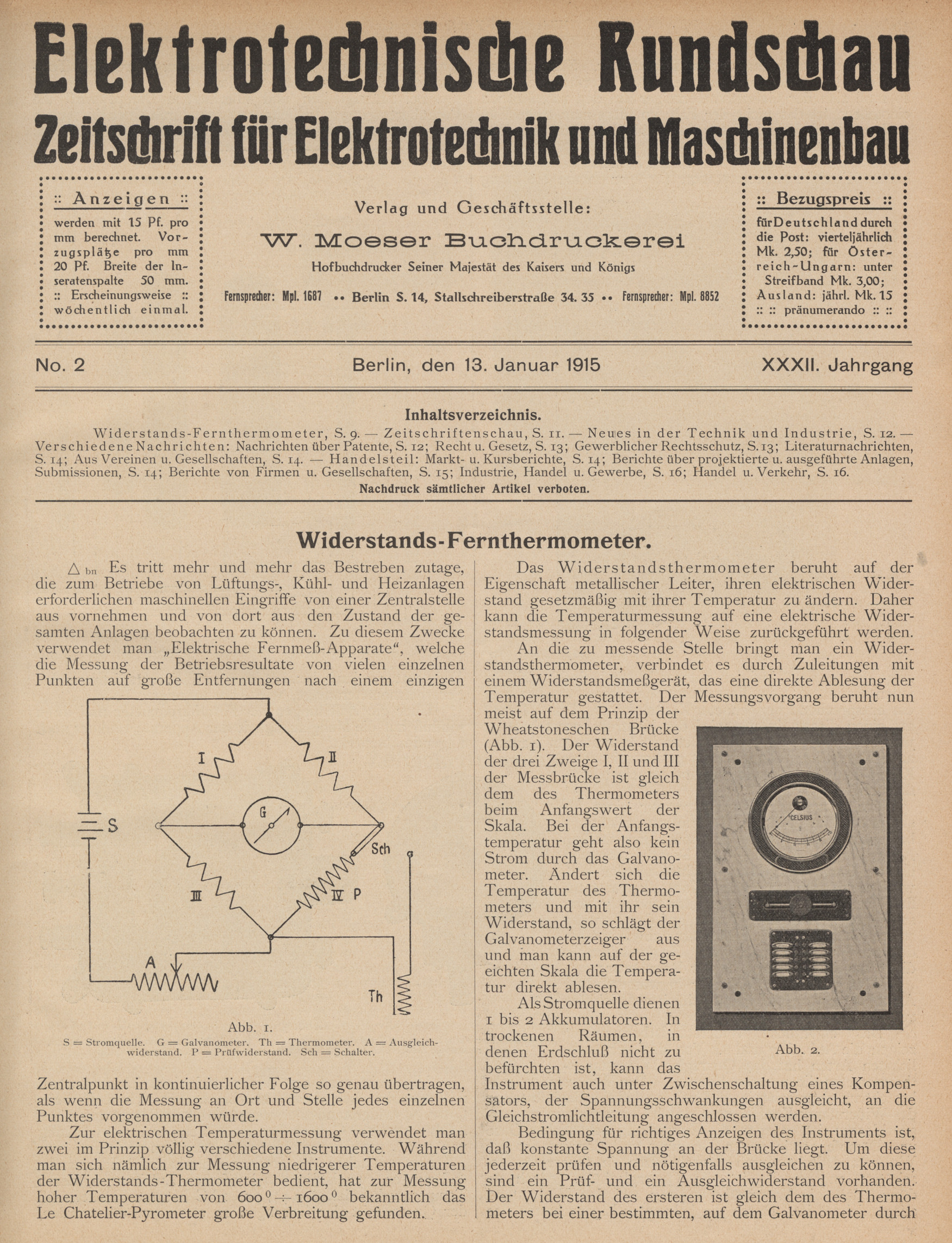 Elektrotechnische Rundschau : Zeitschrift für Elektrotechnik und Maschinenbau + Polytechnische Rundschau, No. 2, XXXII. Jahrgang