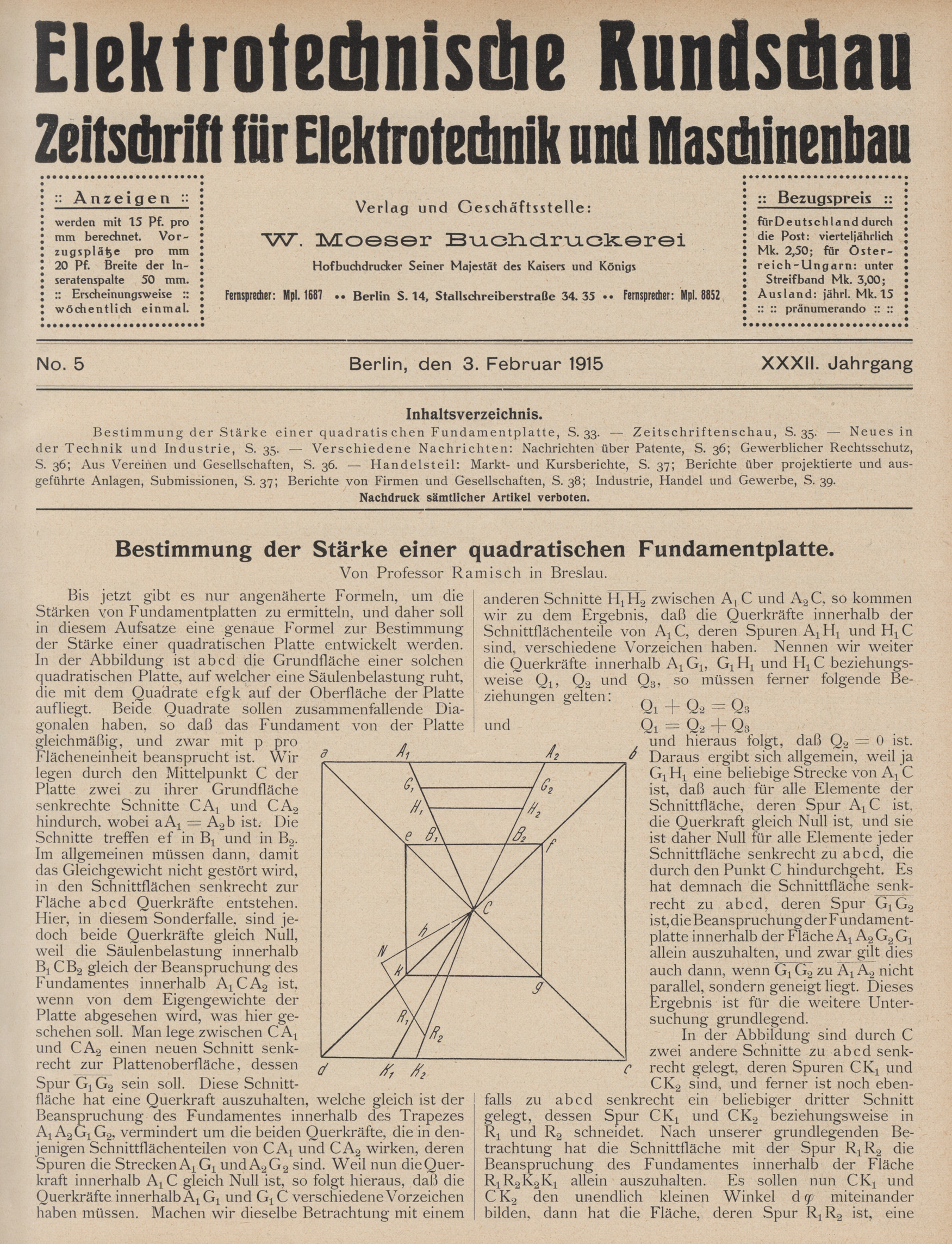 Elektrotechnische Rundschau : Zeitschrift für Elektrotechnik und Maschinenbau + Polytechnische Rundschau, No. 5, XXXII. Jahrgang