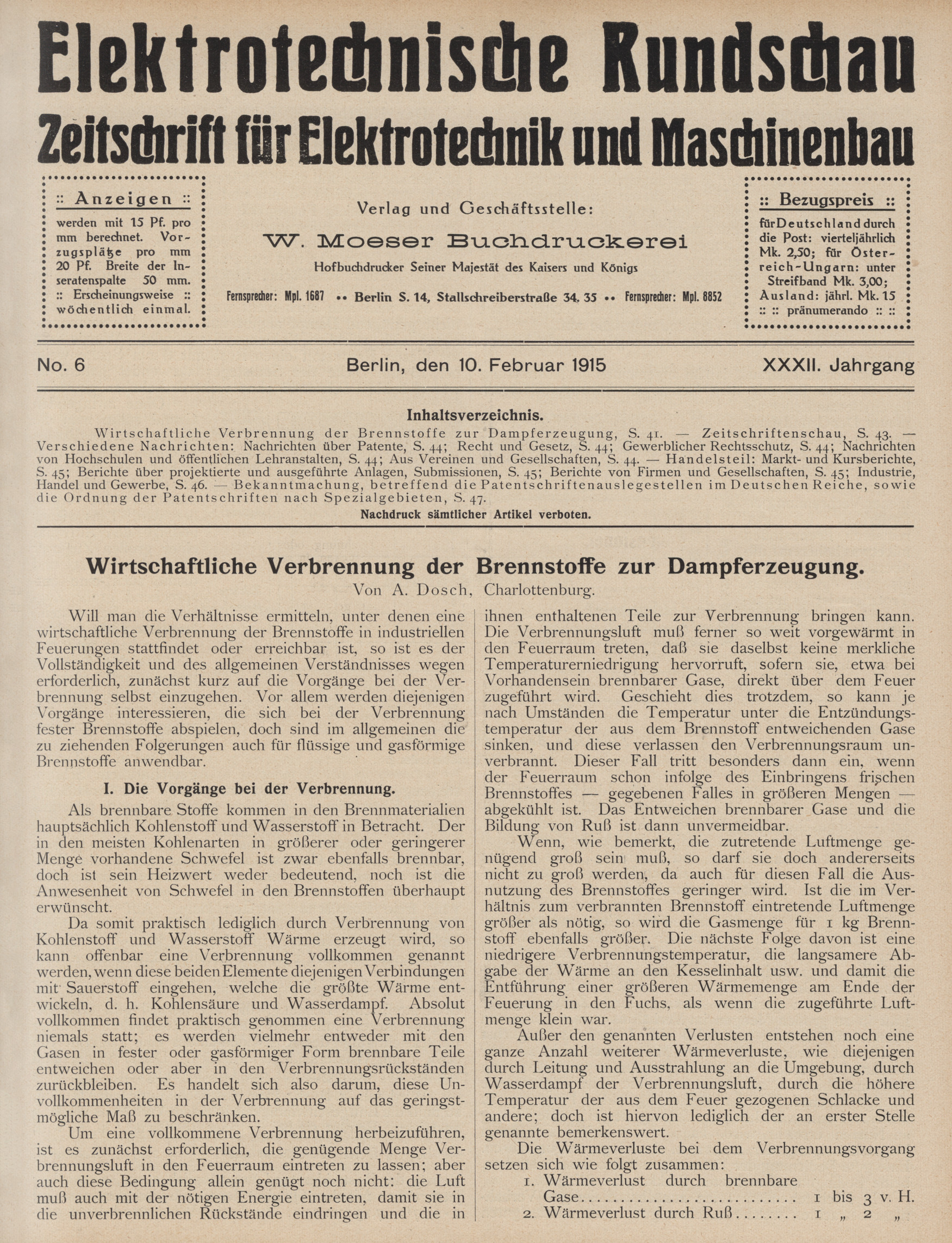Elektrotechnische Rundschau : Zeitschrift für Elektrotechnik und Maschinenbau + Polytechnische Rundschau, No. 6, XXXII. Jahrgang