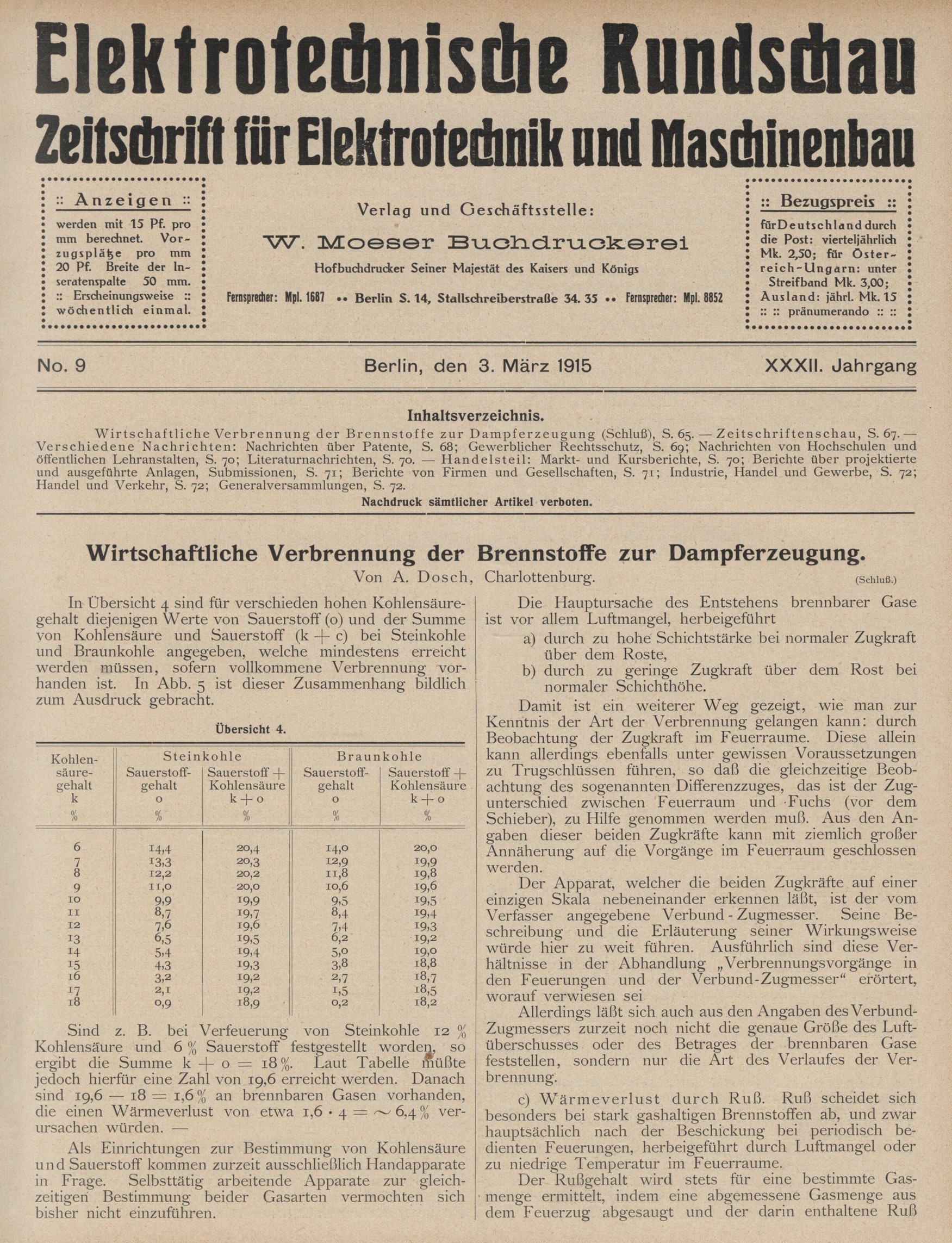 Elektrotechnische Rundschau : Zeitschrift für Elektrotechnik und Maschinenbau + Polytechnische Rundschau, No. 9, XXXII. Jahrgang