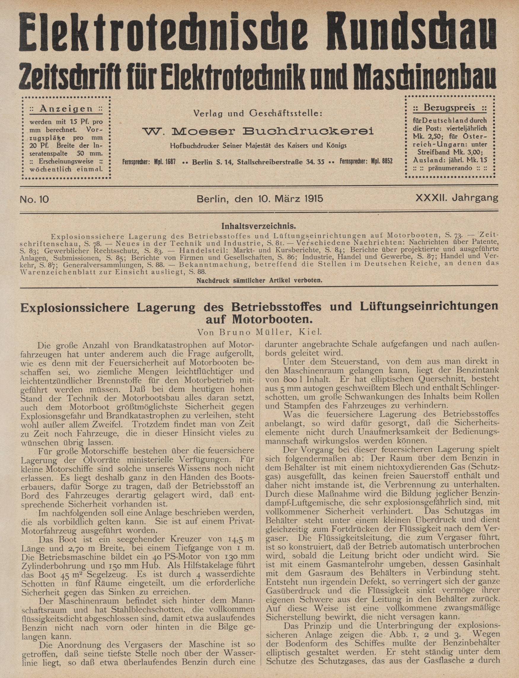 EElektrotechnische Rundschau : Zeitschrift für Elektrotechnik und Maschinenbau + Polytechnische Rundschau, No. 10, XXXII. Jahrgang