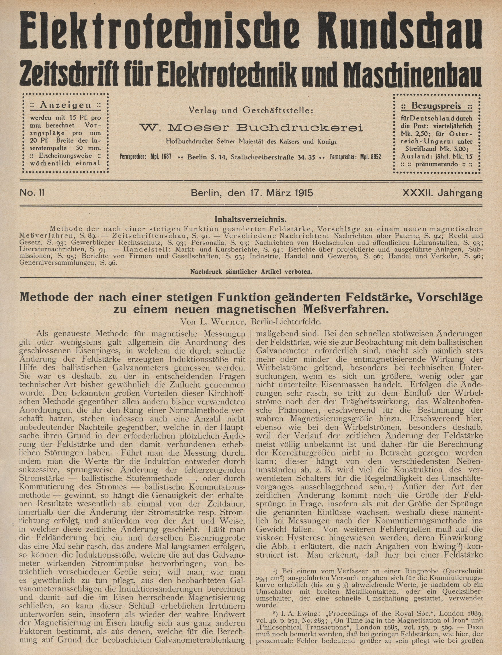 Elektrotechnische Rundschau : Zeitschrift für Elektrotechnik und Maschinenbau + Polytechnische Rundschau, No. 11, XXXII. Jahrgang