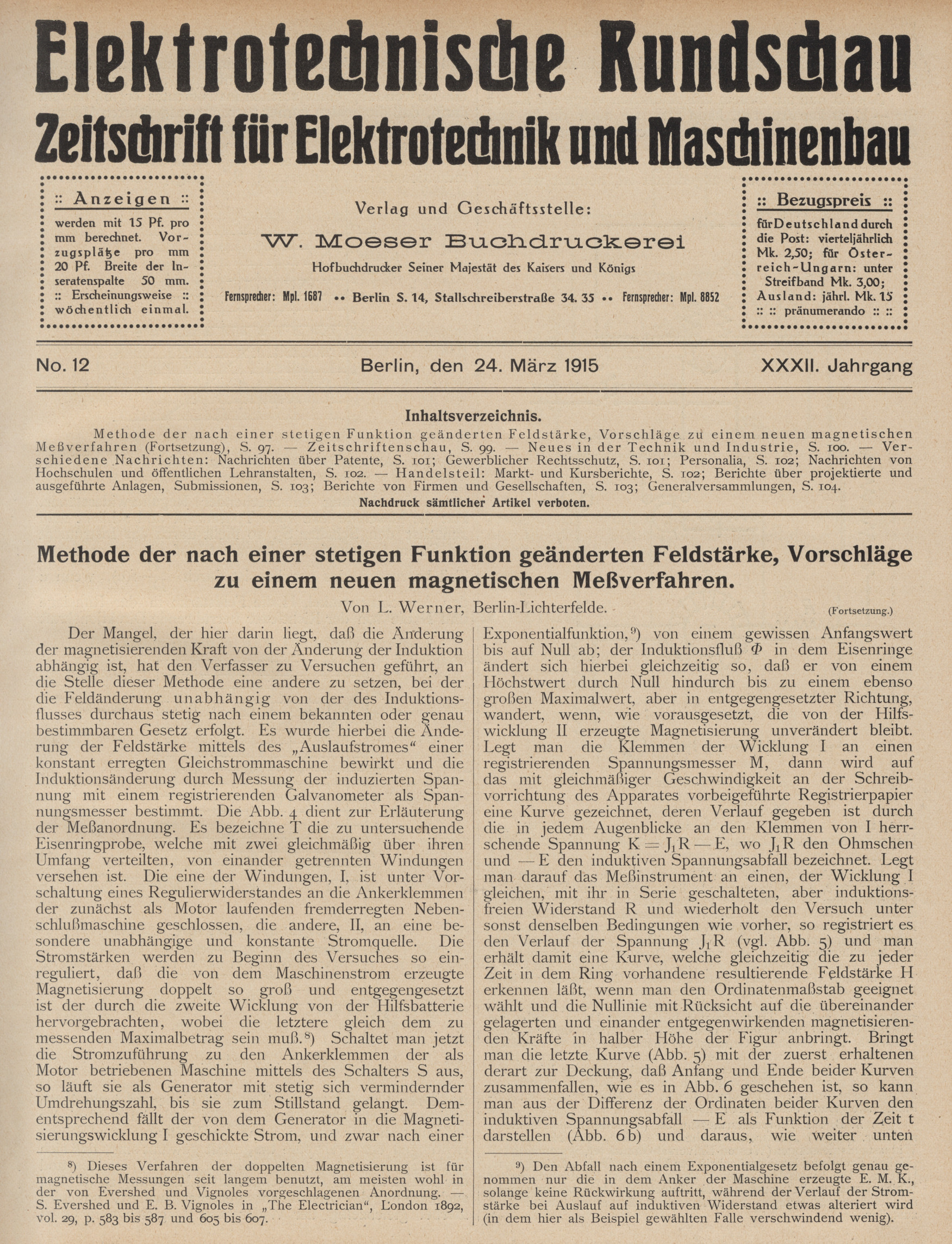 Elektrotechnische Rundschau : Zeitschrift für Elektrotechnik und Maschinenbau + Polytechnische Rundschau, No. 12, XXXII. Jahrgang