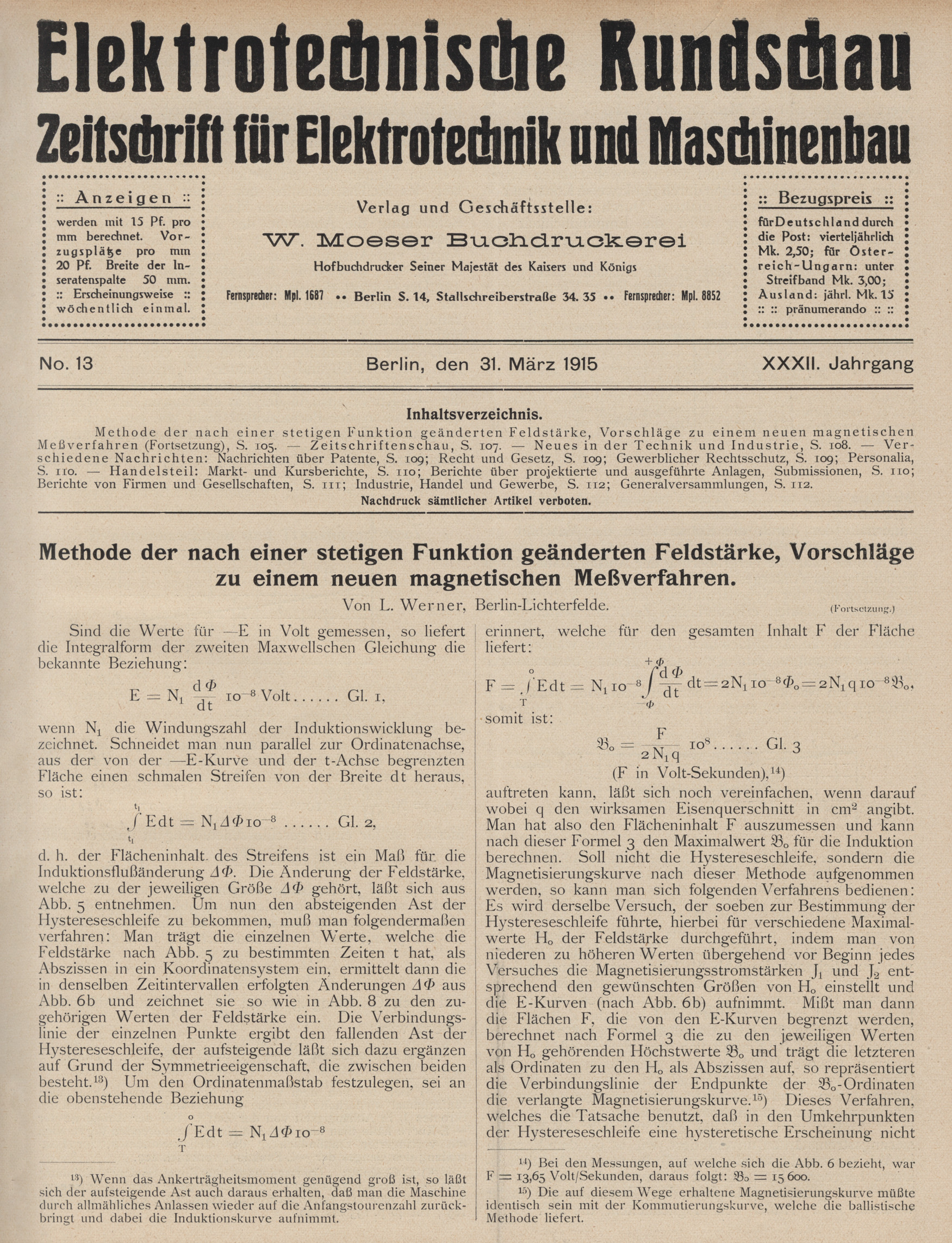 Elektrotechnische Rundschau : Zeitschrift für Elektrotechnik und Maschinenbau + Polytechnische Rundschau, No. 13, XXXII. Jahrgang