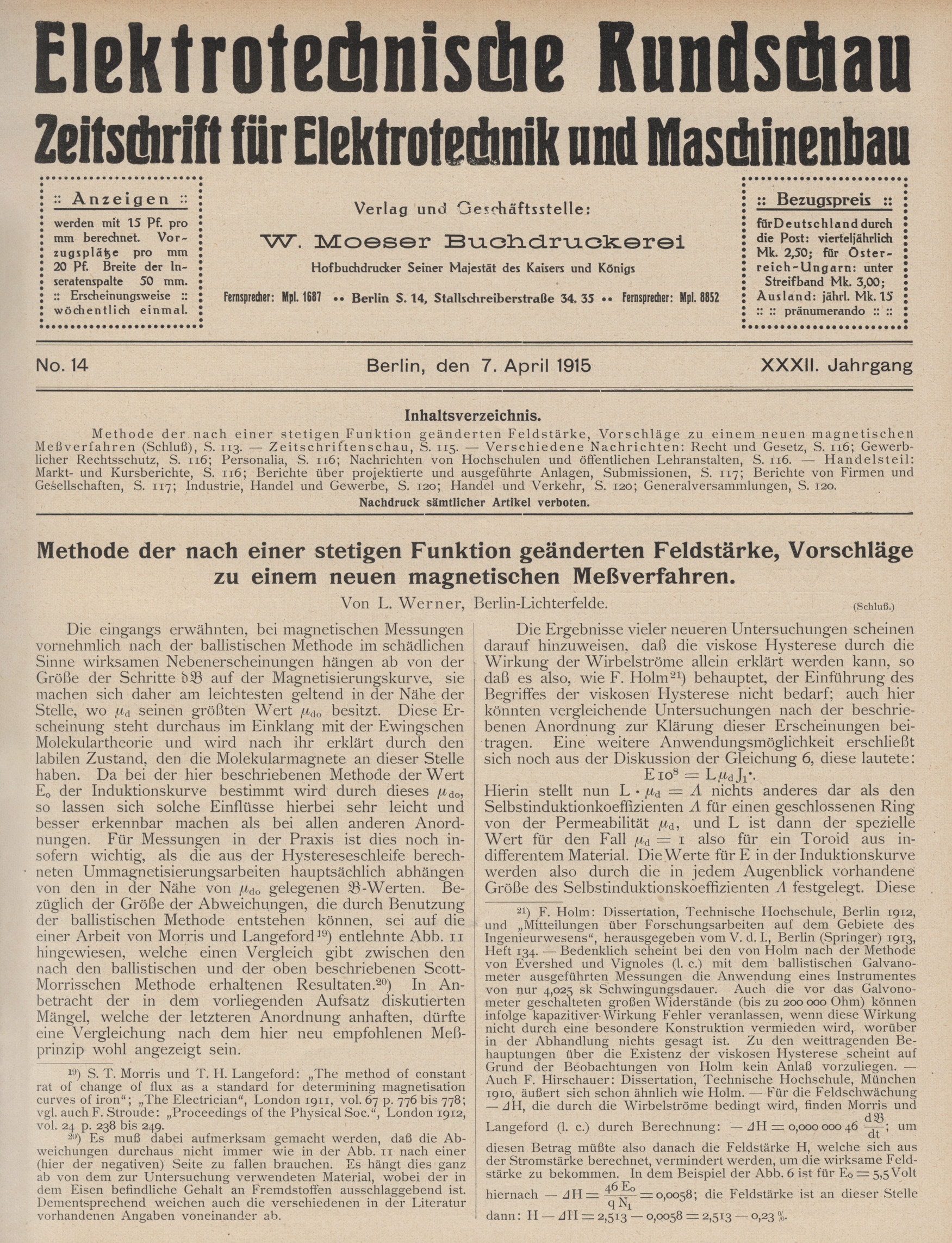 Elektrotechnische Rundschau : Zeitschrift für Elektrotechnik und Maschinenbau + Polytechnische Rundschau, No. 14, XXXII. Jahrgang