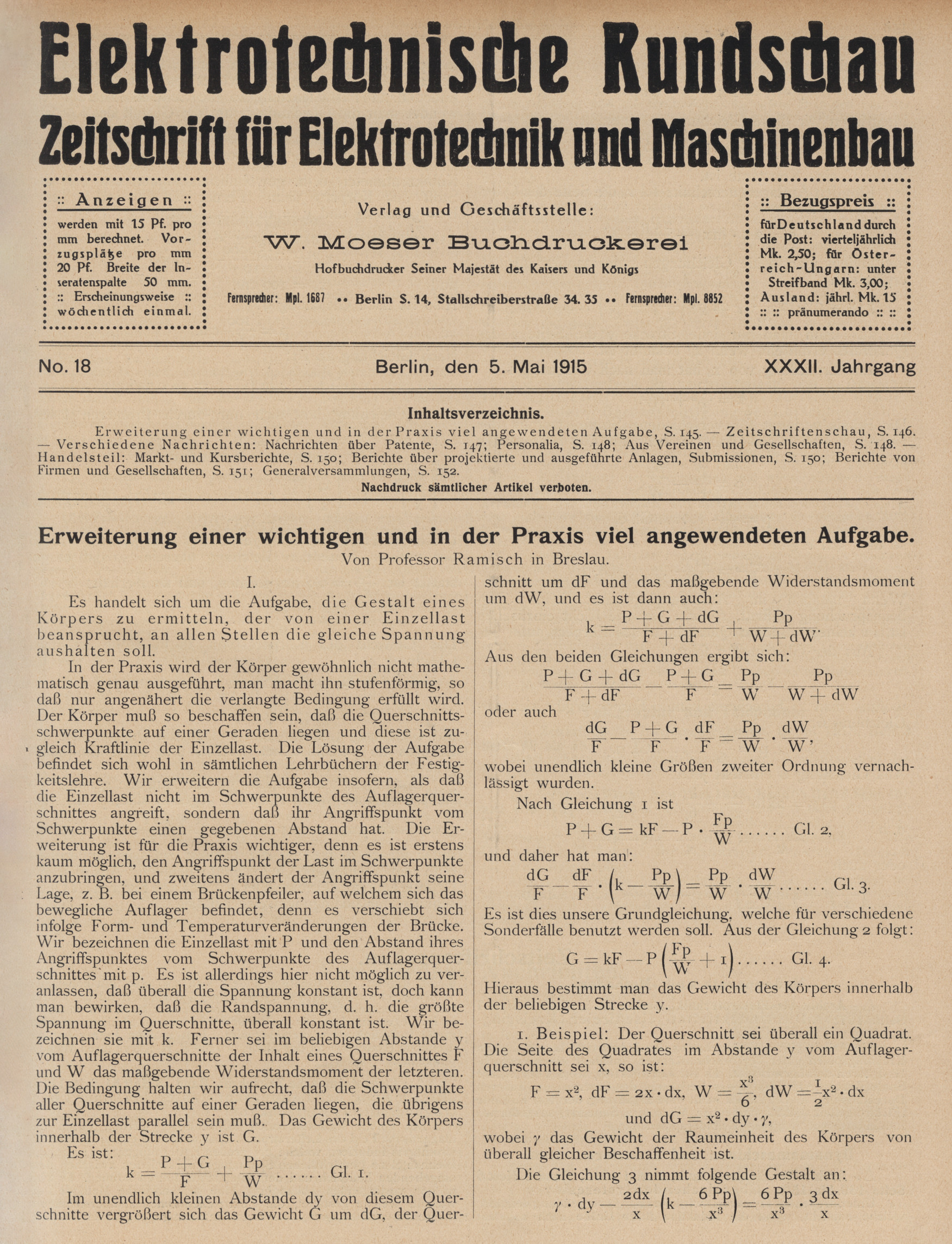 Elektrotechnische Rundschau : Zeitschrift für Elektrotechnik und Maschinenbau + Polytechnische Rundschau, No. 18, XXXII. Jahrgang