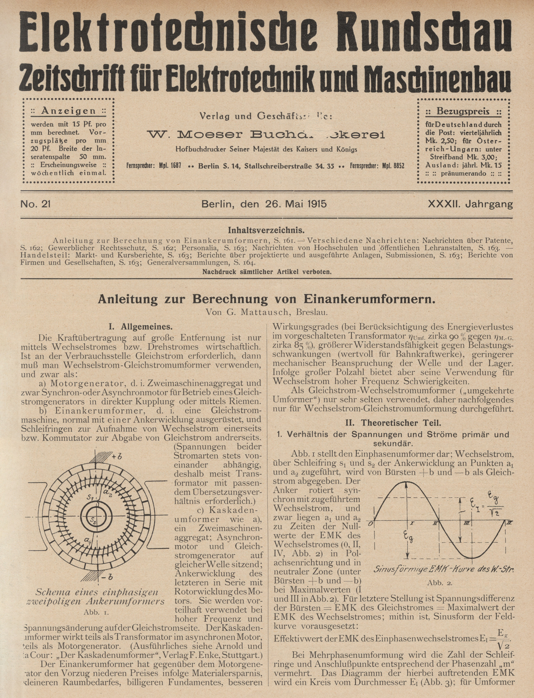 Elektrotechnische Rundschau : Zeitschrift für Elektrotechnik und Maschinenbau + Polytechnische Rundschau, No. 21, XXXII. Jahrgang