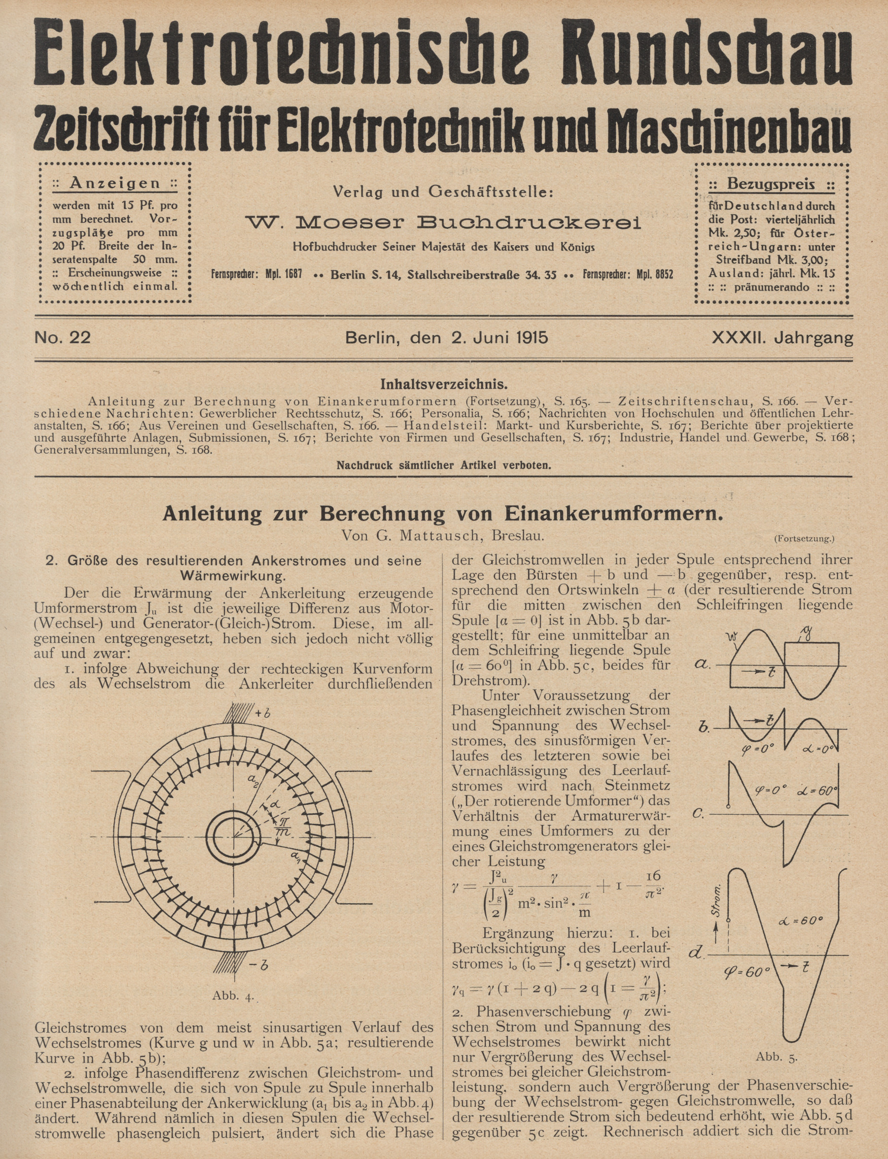 Elektrotechnische Rundschau : Zeitschrift für Elektrotechnik und Maschinenbau + Polytechnische Rundschau, No. 22, XXXII. Jahrgang