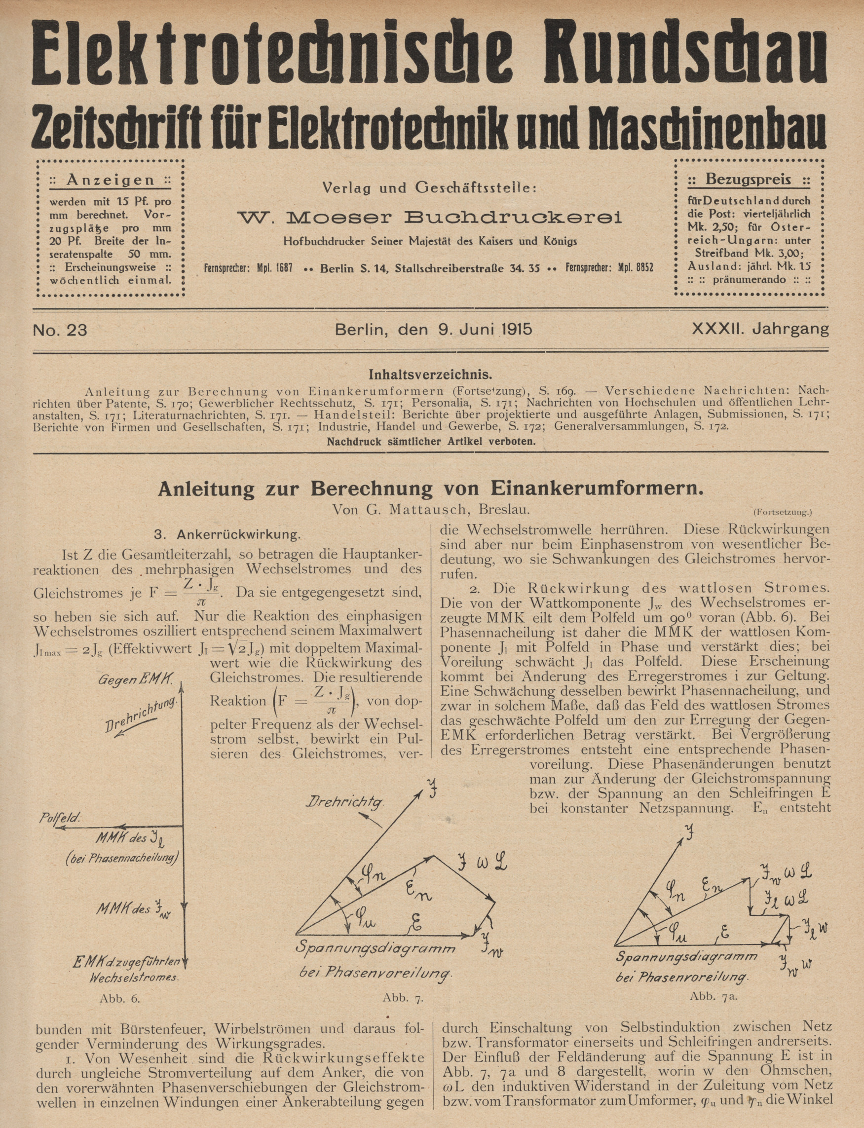 Elektrotechnische Rundschau : Zeitschrift für Elektrotechnik und Maschinenbau + Polytechnische Rundschau, No. 23, XXXII. Jahrgang