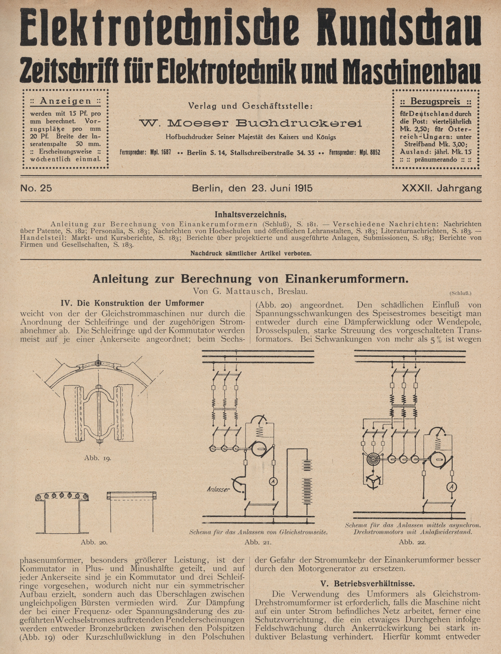 Elektrotechnische Rundschau : Zeitschrift für Elektrotechnik und Maschinenbau + Polytechnische Rundschau, No. 25, XXXII. Jahrgang