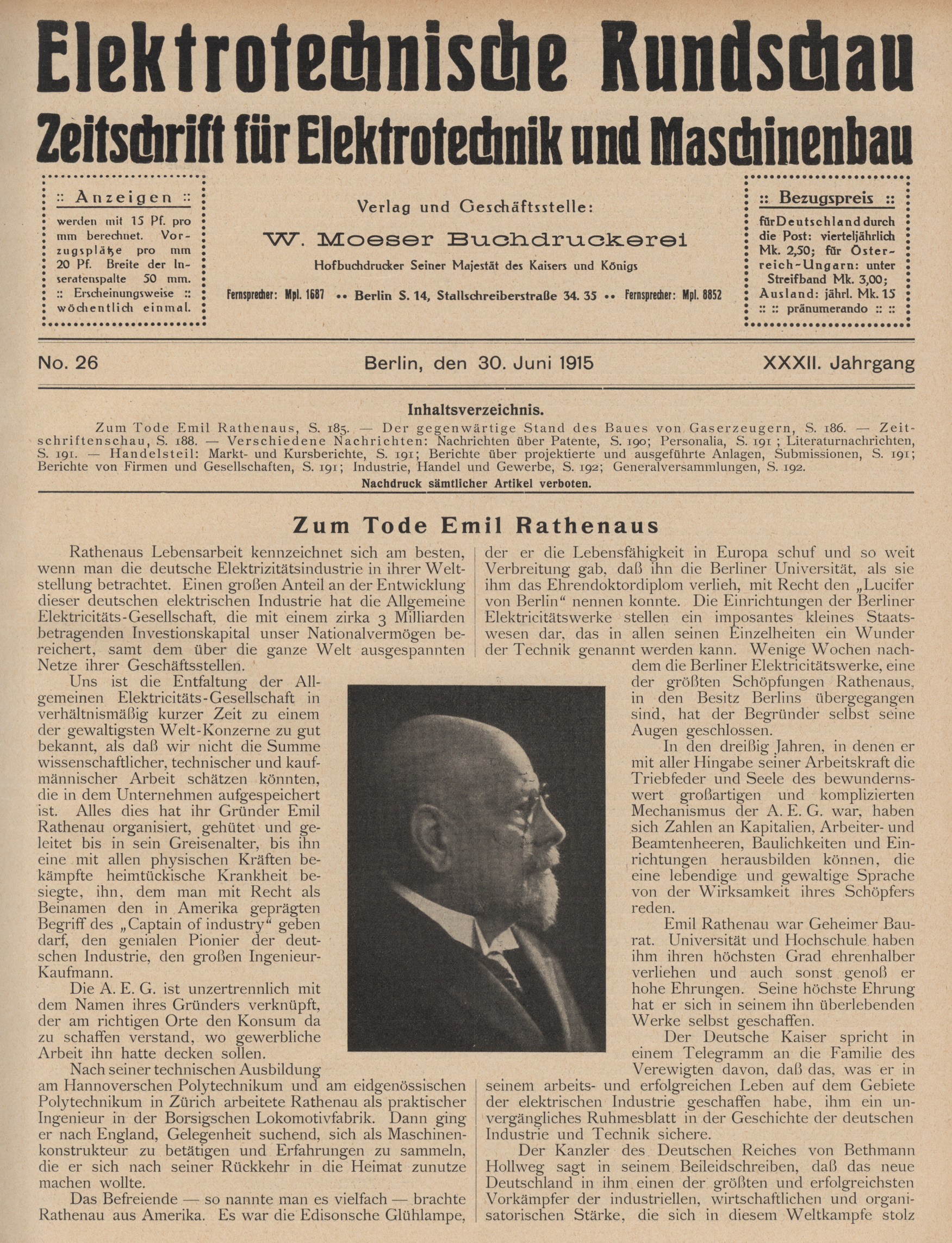 Elektrotechnische Rundschau : Zeitschrift für Elektrotechnik und Maschinenbau + Polytechnische Rundschau, No. 26, XXXII. Jahrgang