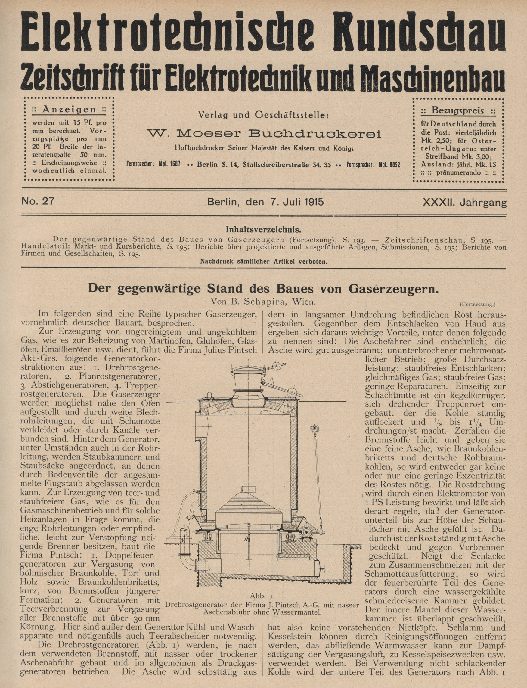 Elektrotechnische Rundschau : Zeitschrift für Elektrotechnik und Maschinenbau + Polytechnische Rundschau, No. 27, XXXII. Jahrgang