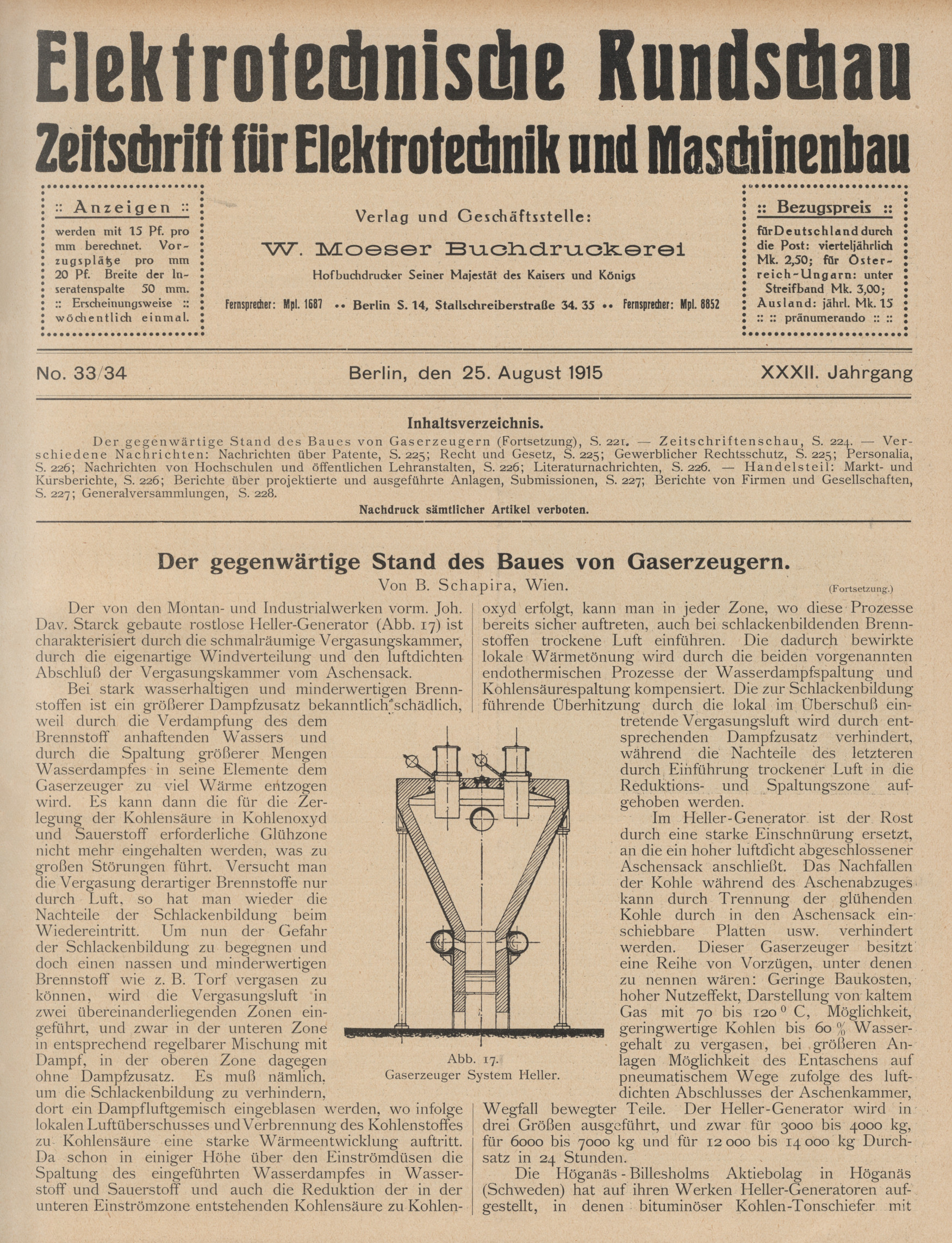 Elektrotechnische Rundschau : Zeitschrift für Elektrotechnik und Maschinenbau + Polytechnische Rundschau, No. 33/34, XXXII. Jahrgang