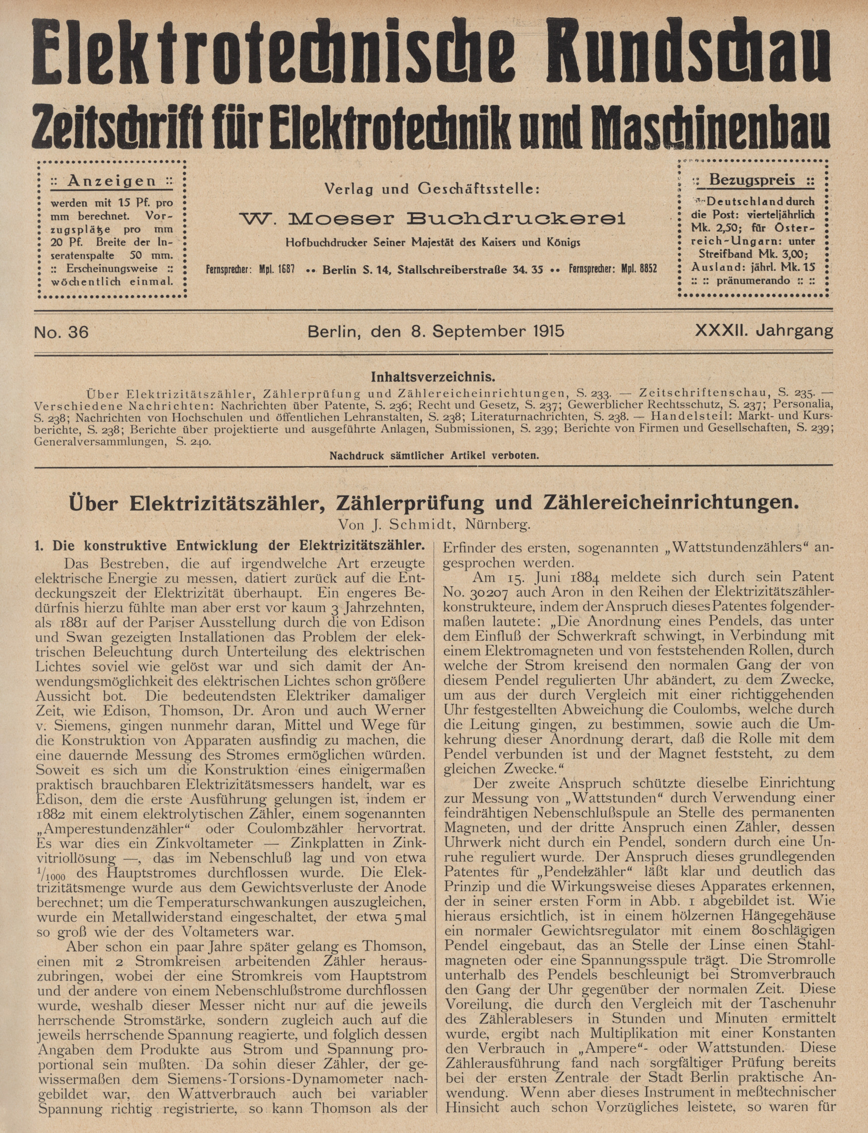 Elektrotechnische Rundschau : Zeitschrift für Elektrotechnik und Maschinenbau + Polytechnische Rundschau, No. 36, XXXII. Jahrgang