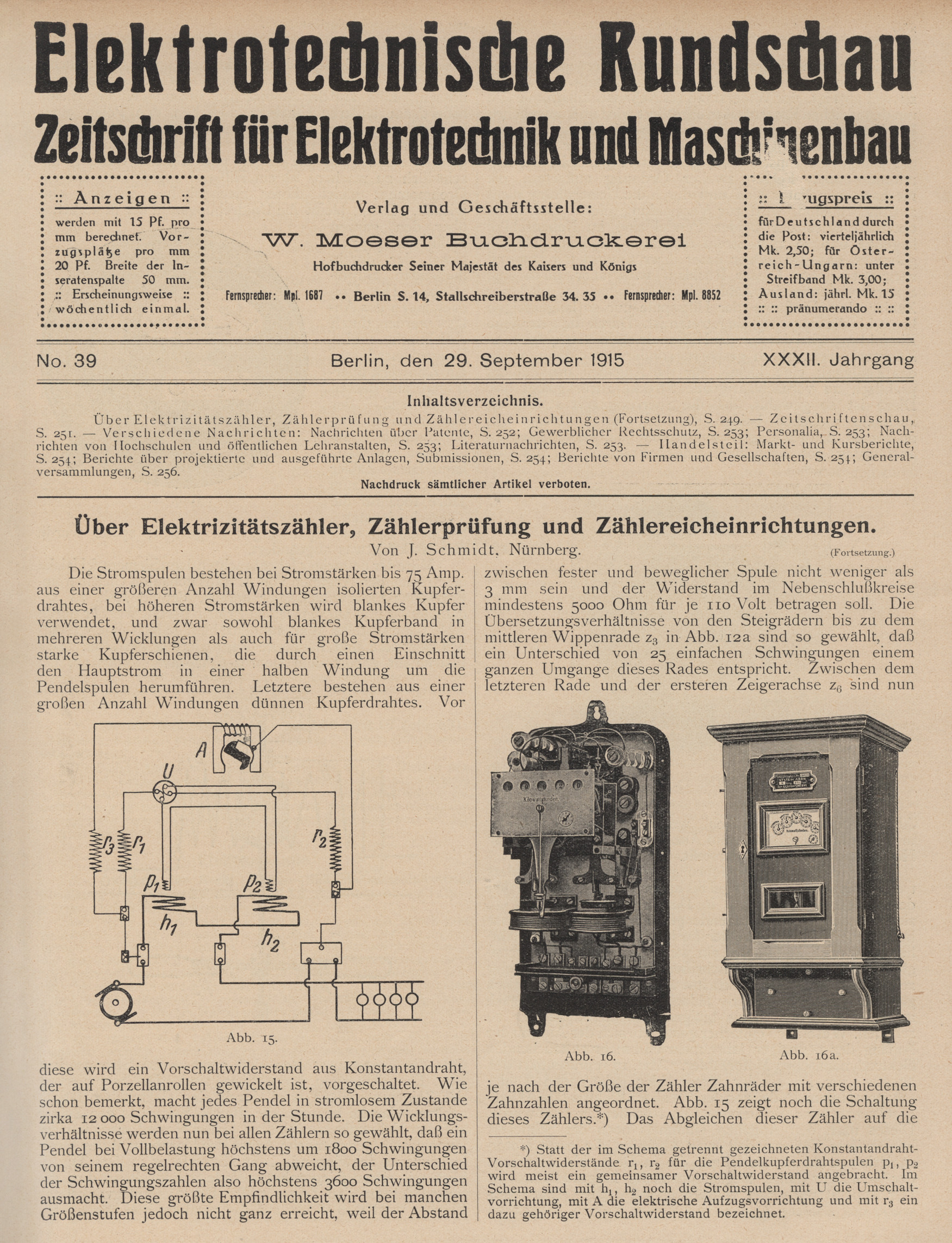 Elektrotechnische Rundschau : Zeitschrift für Elektrotechnik und Maschinenbau + Polytechnische Rundschau, No. 39, XXXII. Jahrgang
