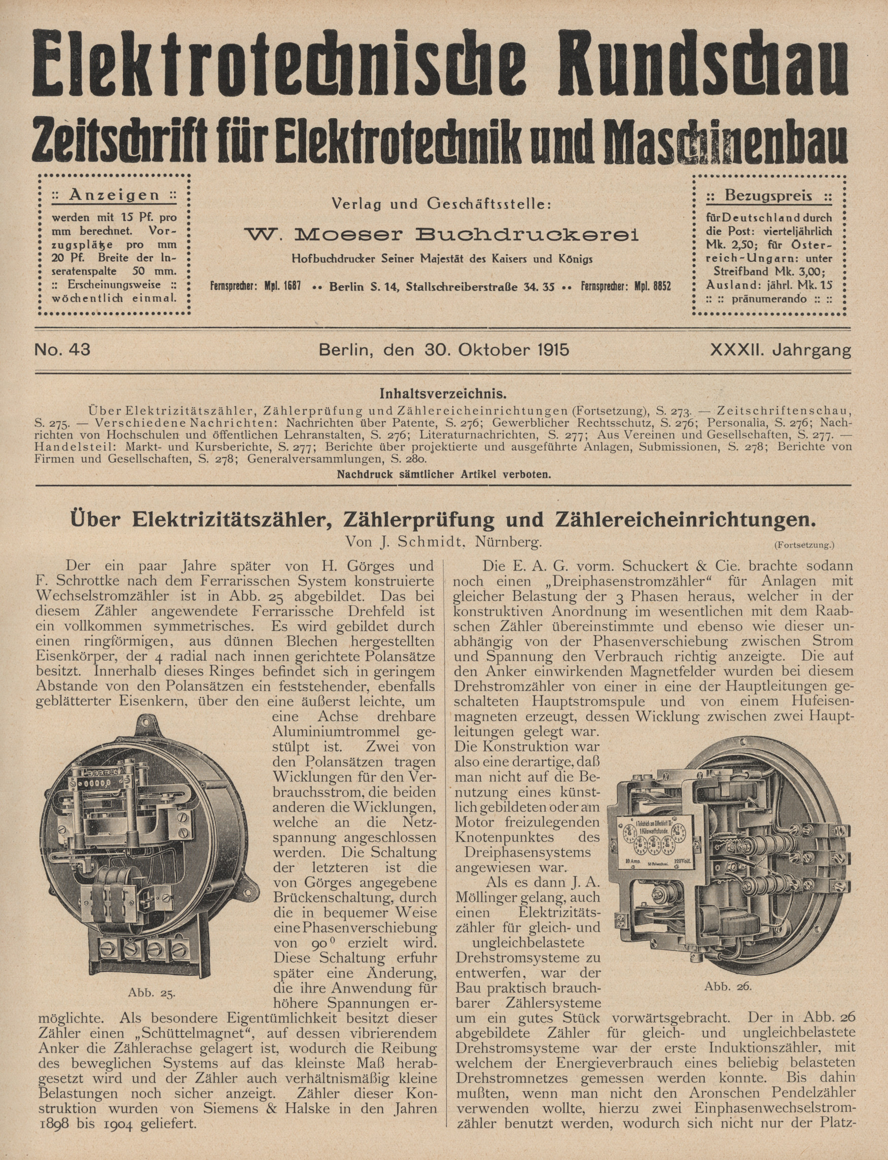 Elektrotechnische Rundschau : Zeitschrift für Elektrotechnik und Maschinenbau + Polytechnische Rundschau, No. 43, XXXII. Jahrgang