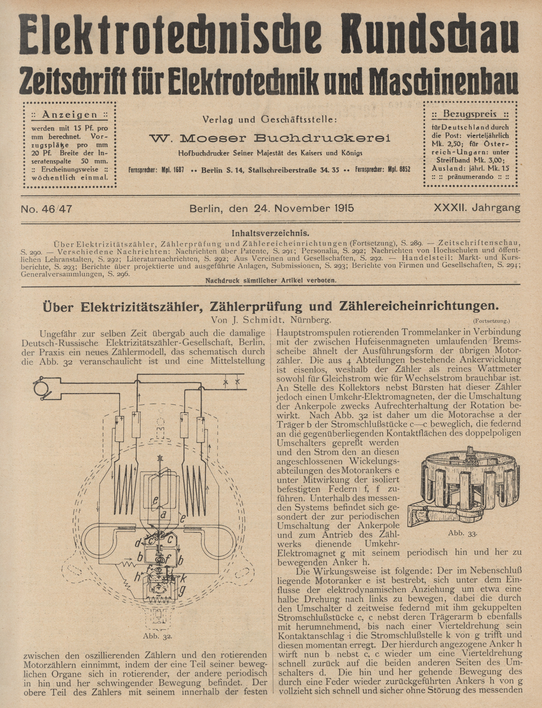 Elektrotechnische Rundschau : Zeitschrift für Elektrotechnik und Maschinenbau + Polytechnische Rundschau, No. 46/47, XXXII. Jahrgang
