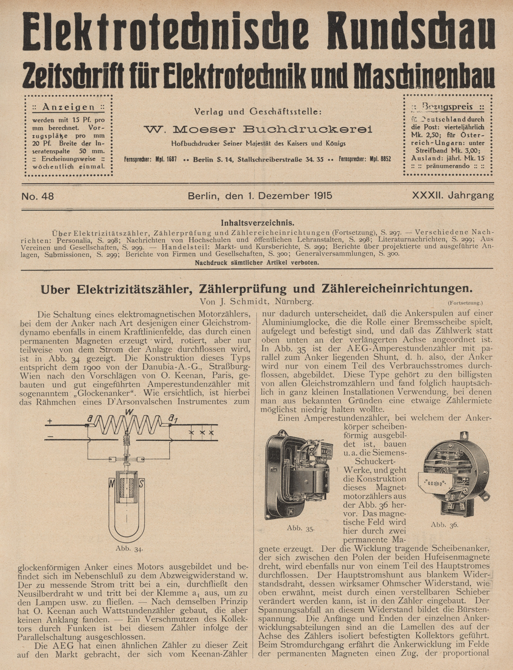 Elektrotechnische Rundschau : Zeitschrift für Elektrotechnik und Maschinenbau + Polytechnische Rundschau, No. 48, XXXII. Jahrgang