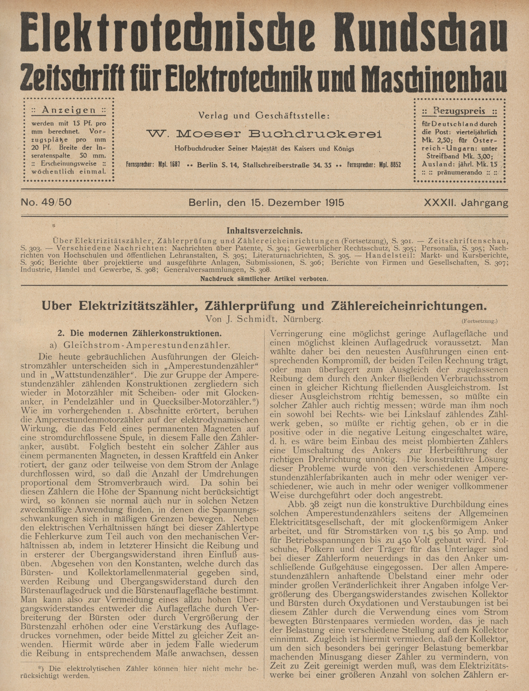 Elektrotechnische Rundschau : Zeitschrift für Elektrotechnik und Maschinenbau + Polytechnische Rundschau, No. 49/50, XXXII. Jahrgang