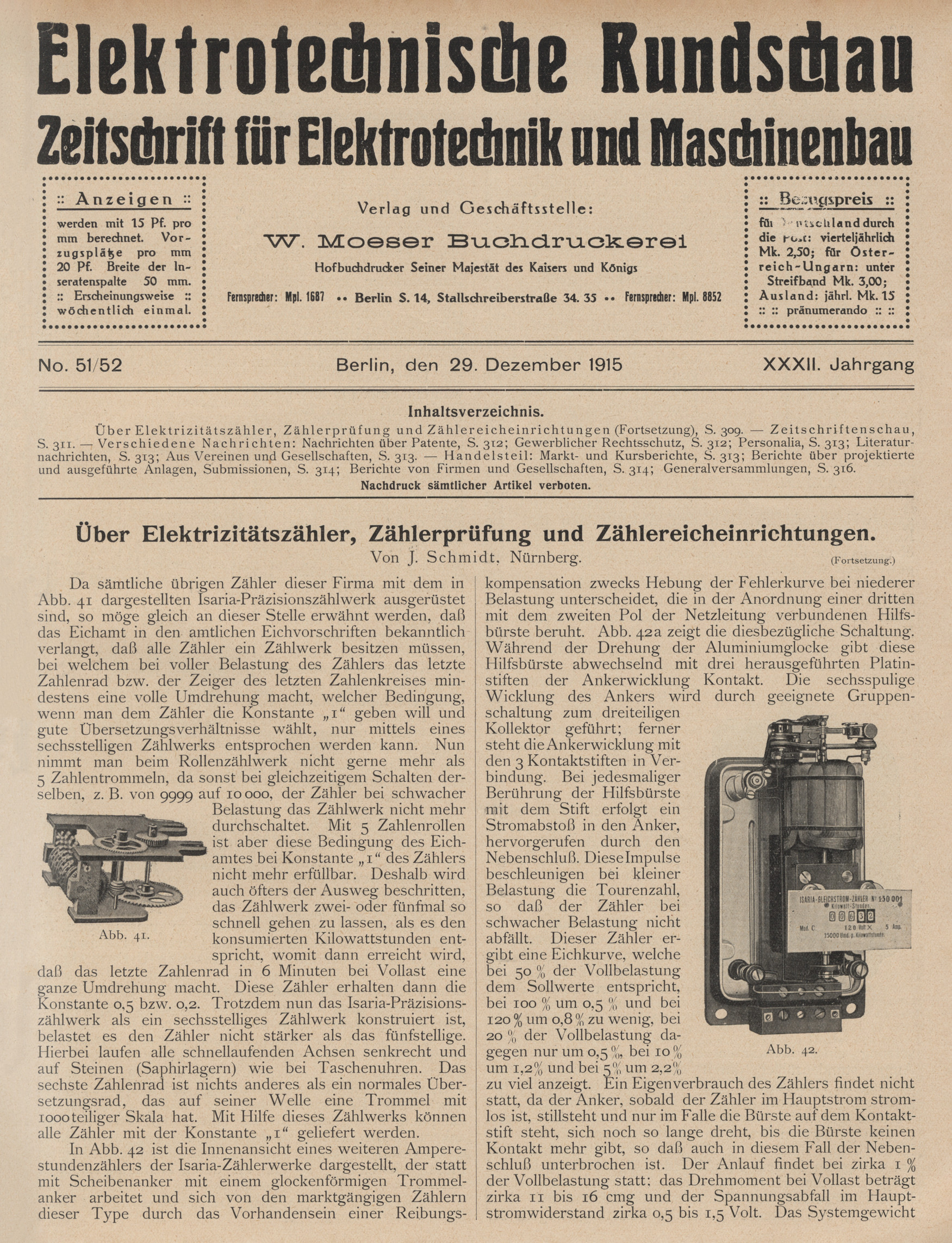 Elektrotechnische Rundschau : Zeitschrift für Elektrotechnik und Maschinenbau + Polytechnische Rundschau, No. 51/52, XXXII. Jahrgang