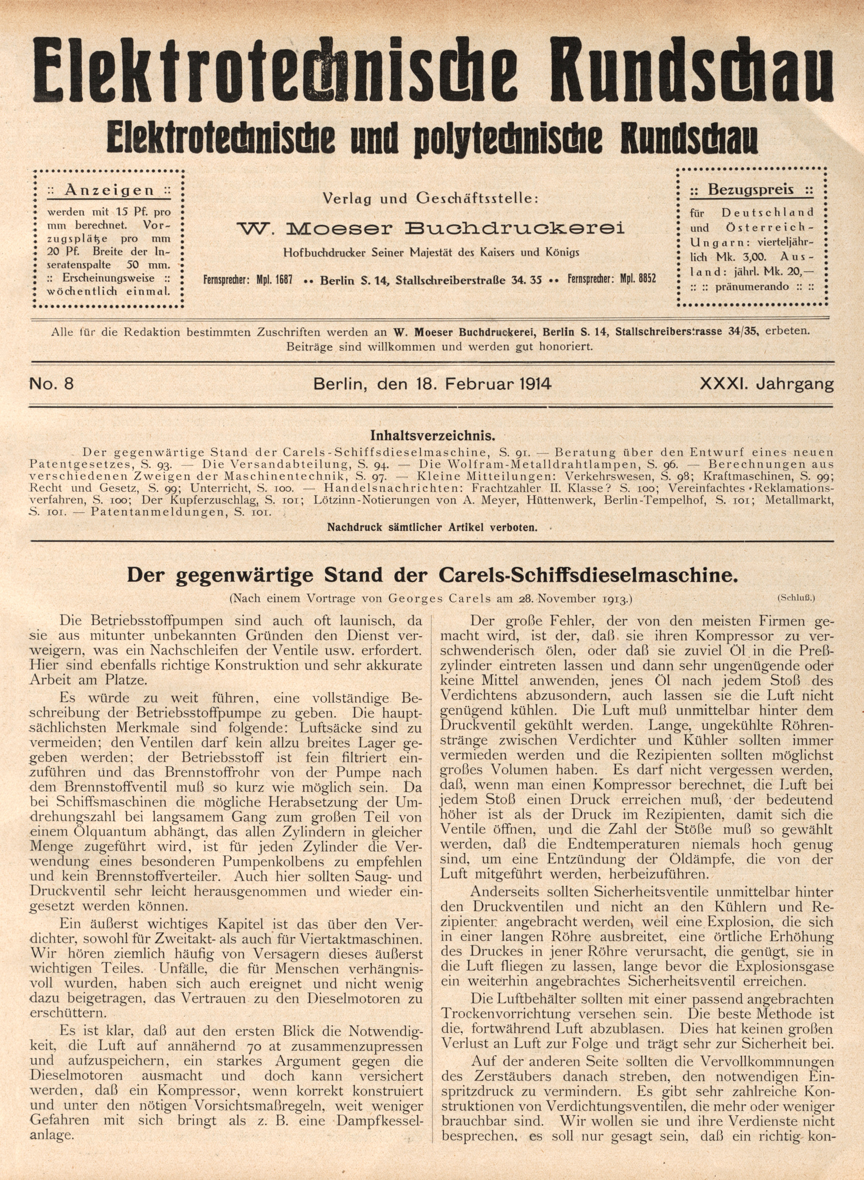 Elektrotechnische Rundschau : Elektrotechnische und polytechnische Rundschau, No. 8, XXXI. Jahrgang