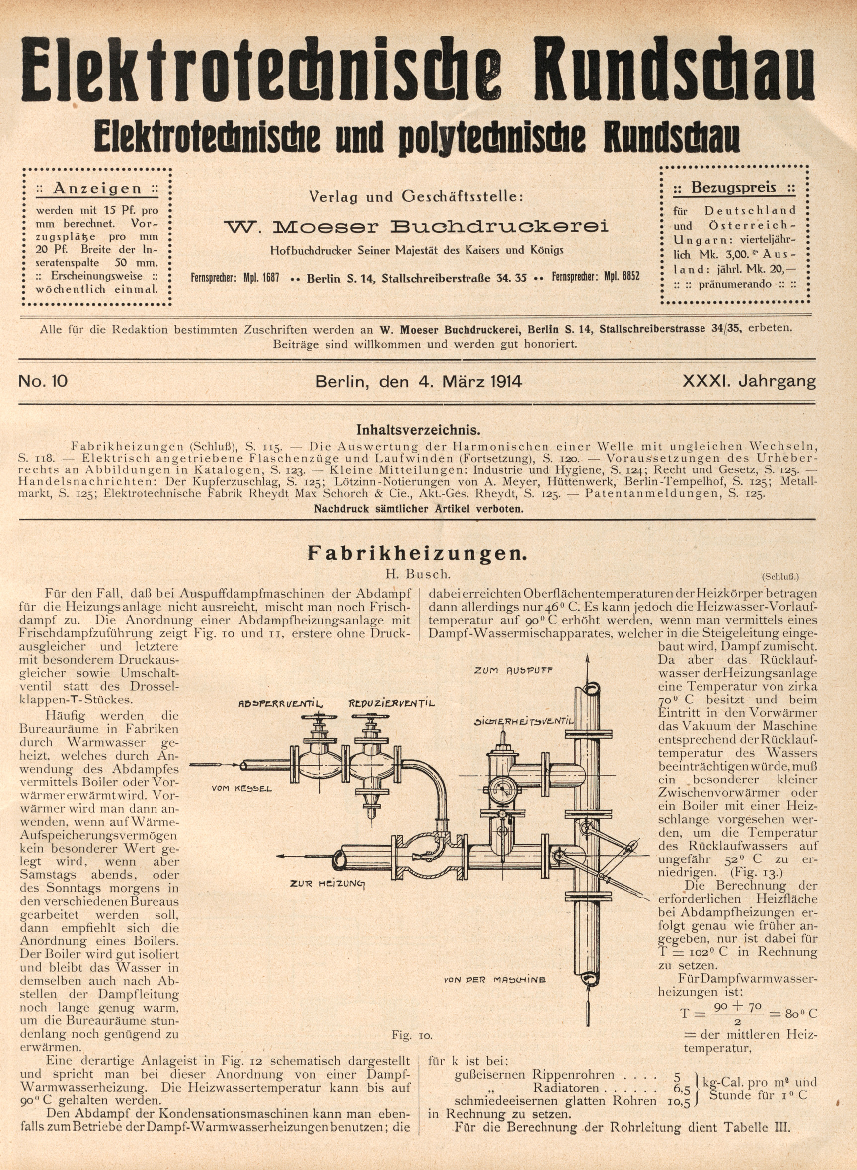 Elektrotechnische Rundschau : Elektrotechnische und polytechnische Rundschau, No. 10, XXXI. Jahrgang