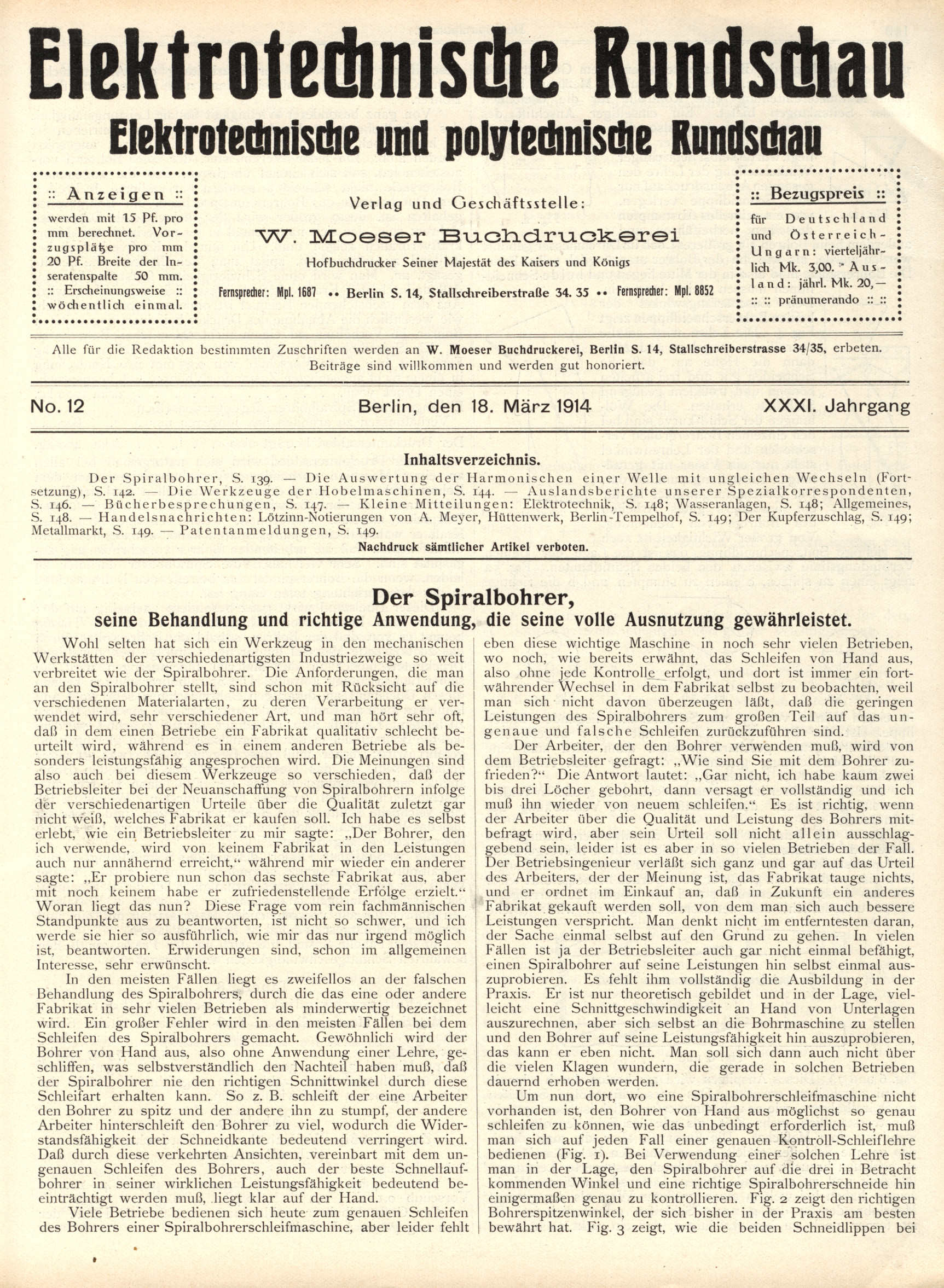 Elektrotechnische Rundschau : Elektrotechnische und polytechnische Rundschau, No. 12, XXXI. Jahrgang