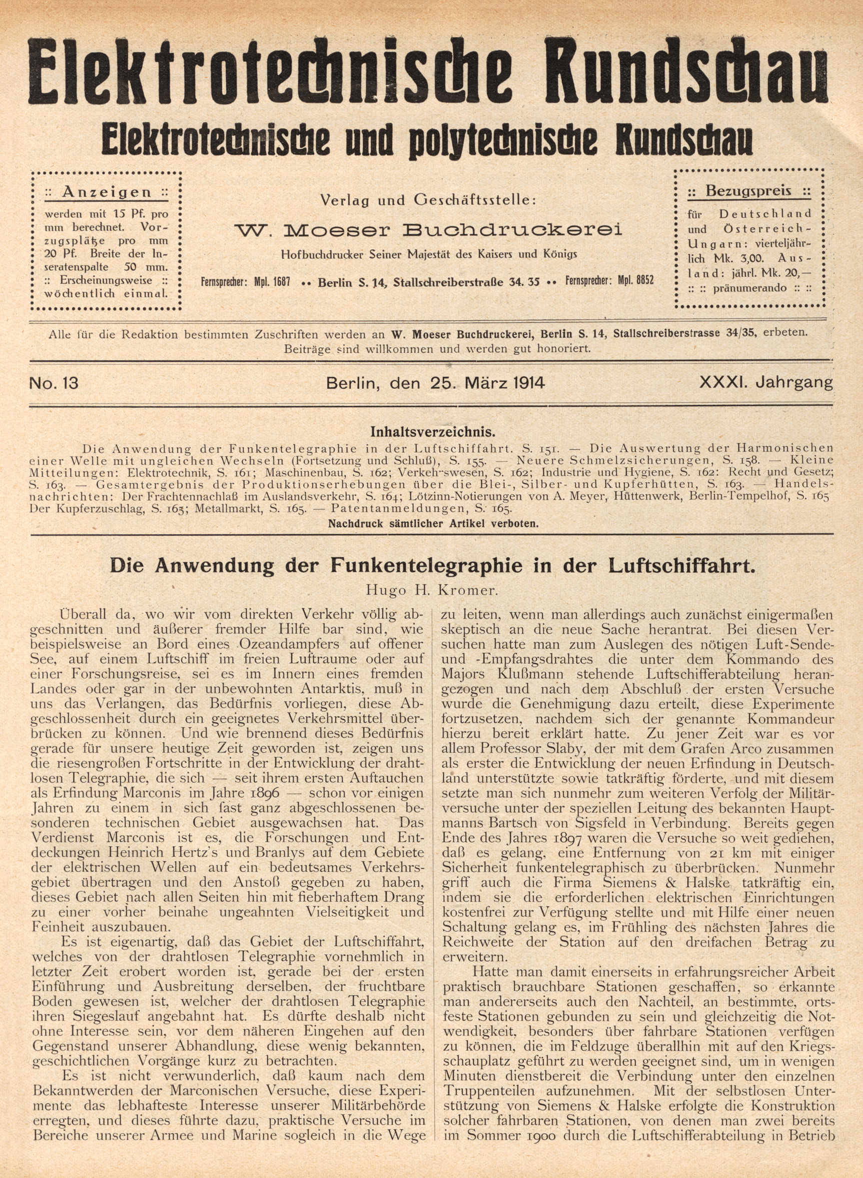 Elektrotechnische Rundschau : Elektrotechnische und polytechnische Rundschau, No. 13, XXXI. Jahrgang