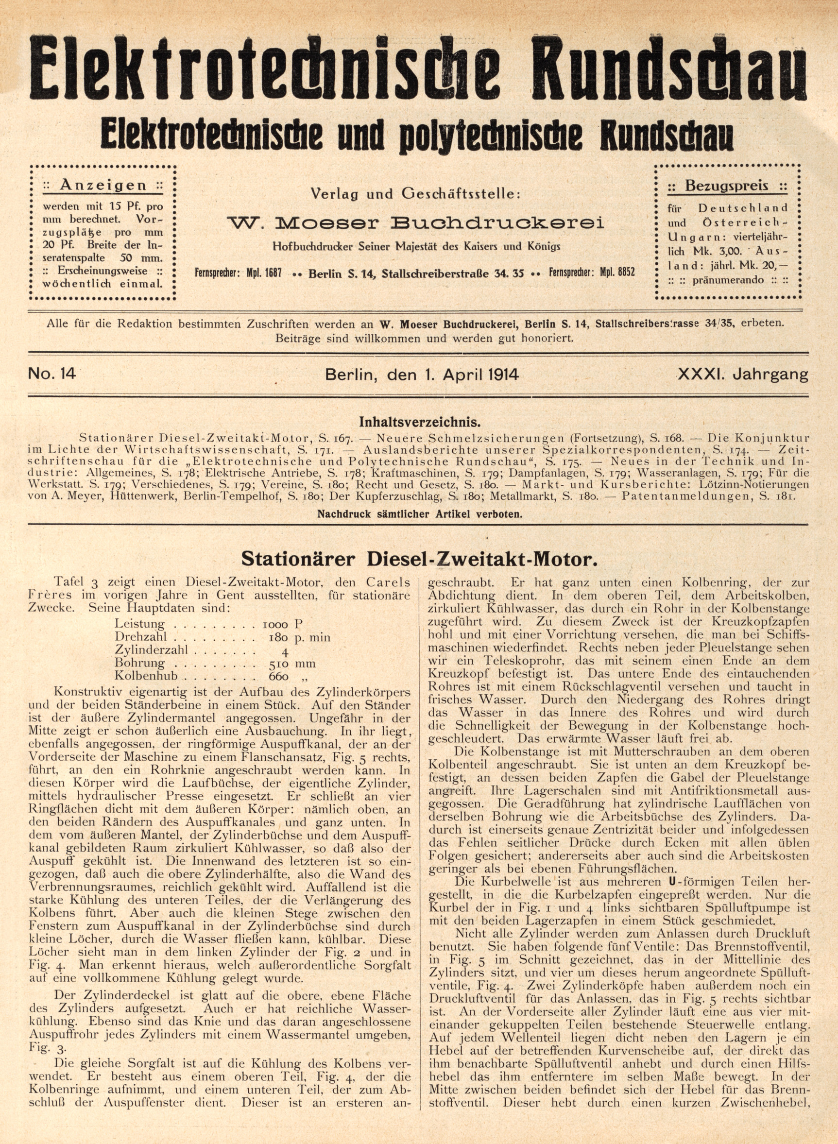 Elektrotechnische Rundschau : Elektrotechnische und polytechnische Rundschau, No. 14, XXXI. Jahrgang