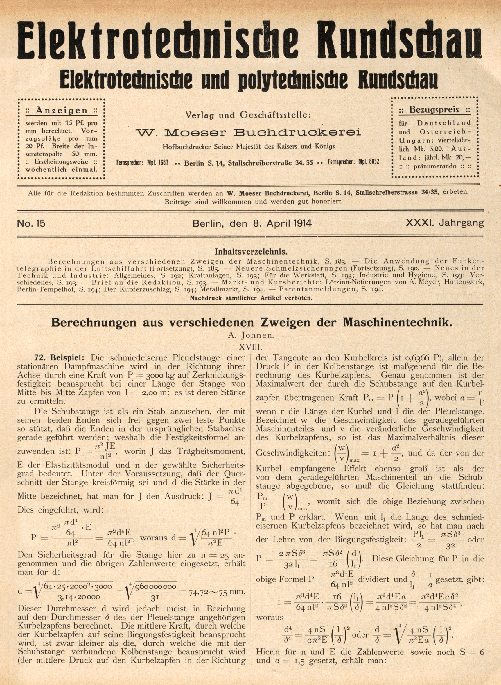 Elektrotechnische Rundschau : Elektrotechnische und polytechnische Rundschau, No. 15, XXXI. Jahrgang