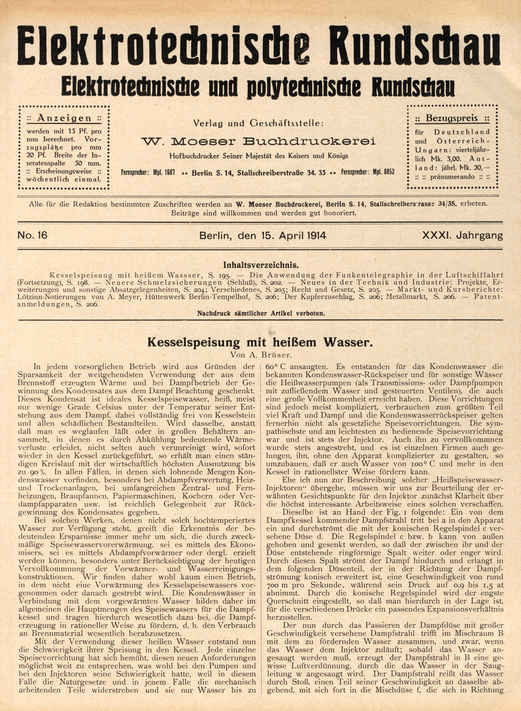 Elektrotechnische Rundschau : Elektrotechnische und polytechnische Rundschau, No. 16, XXXI. Jahrgang