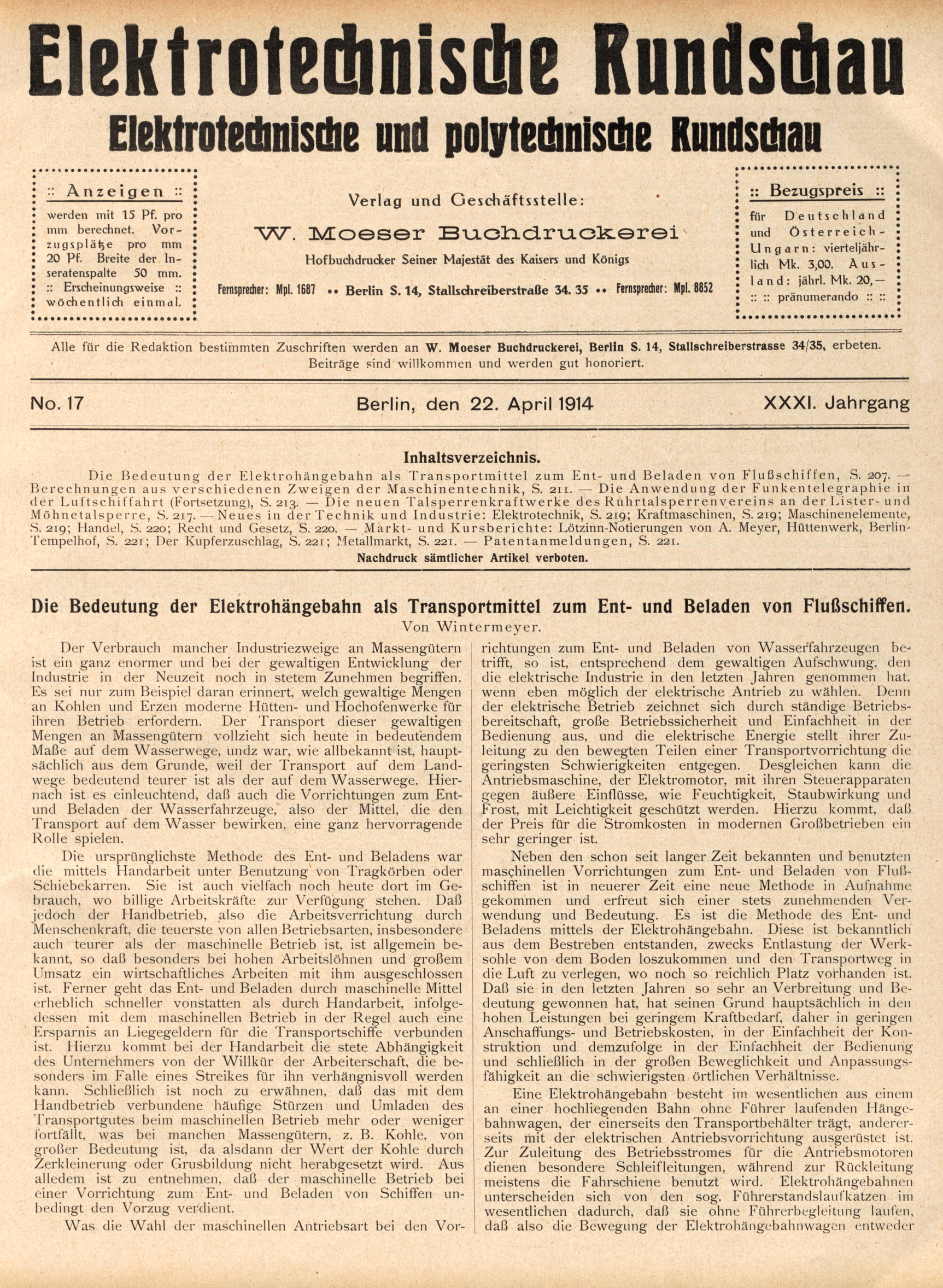 Elektrotechnische Rundschau : Elektrotechnische und polytechnische Rundschau, No. 17, XXXI. Jahrgang