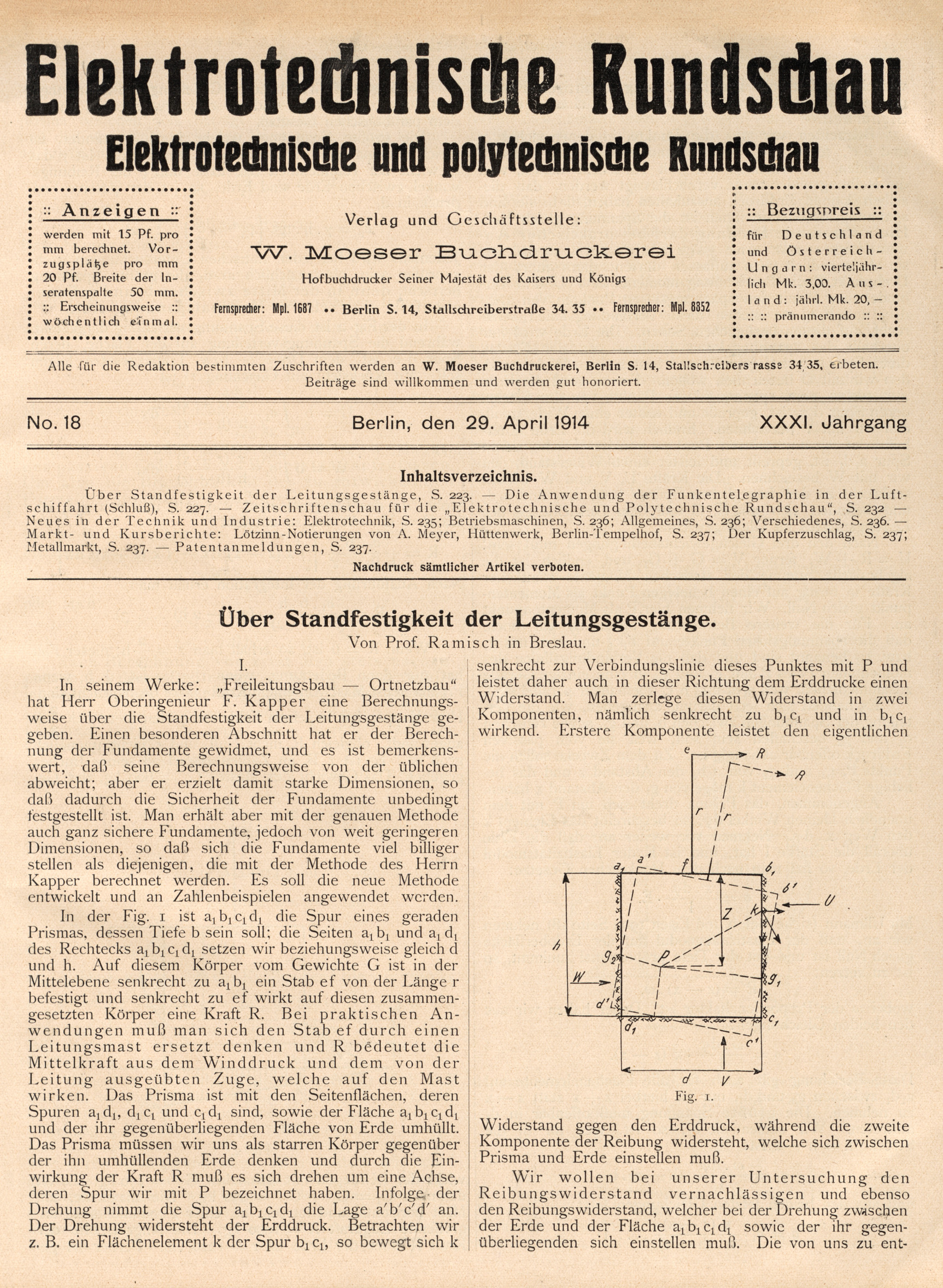 Elektrotechnische Rundschau : Elektrotechnische und polytechnische Rundschau, No. 18, XXXI. Jahrgang