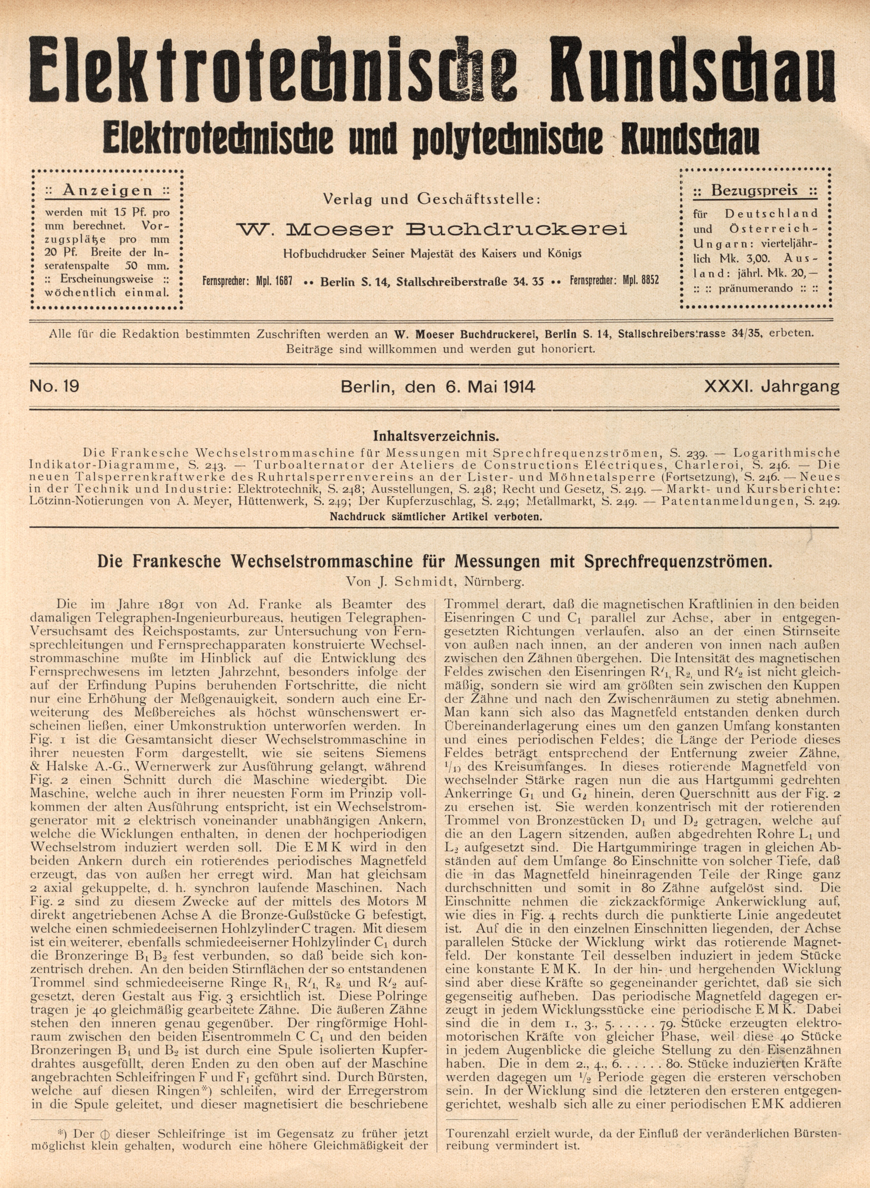 Elektrotechnische Rundschau : Elektrotechnische und polytechnische Rundschau, No. 19, XXXI. Jahrgang