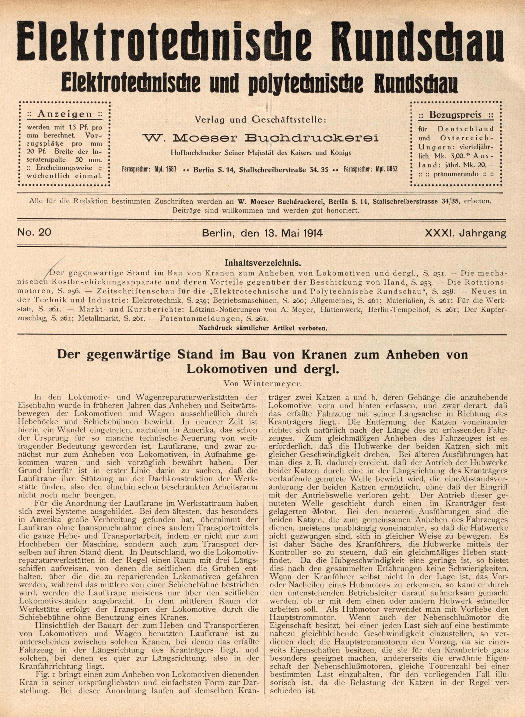 Elektrotechnische Rundschau : Elektrotechnische und polytechnische Rundschau, No. 20, XXXI. Jahrgang