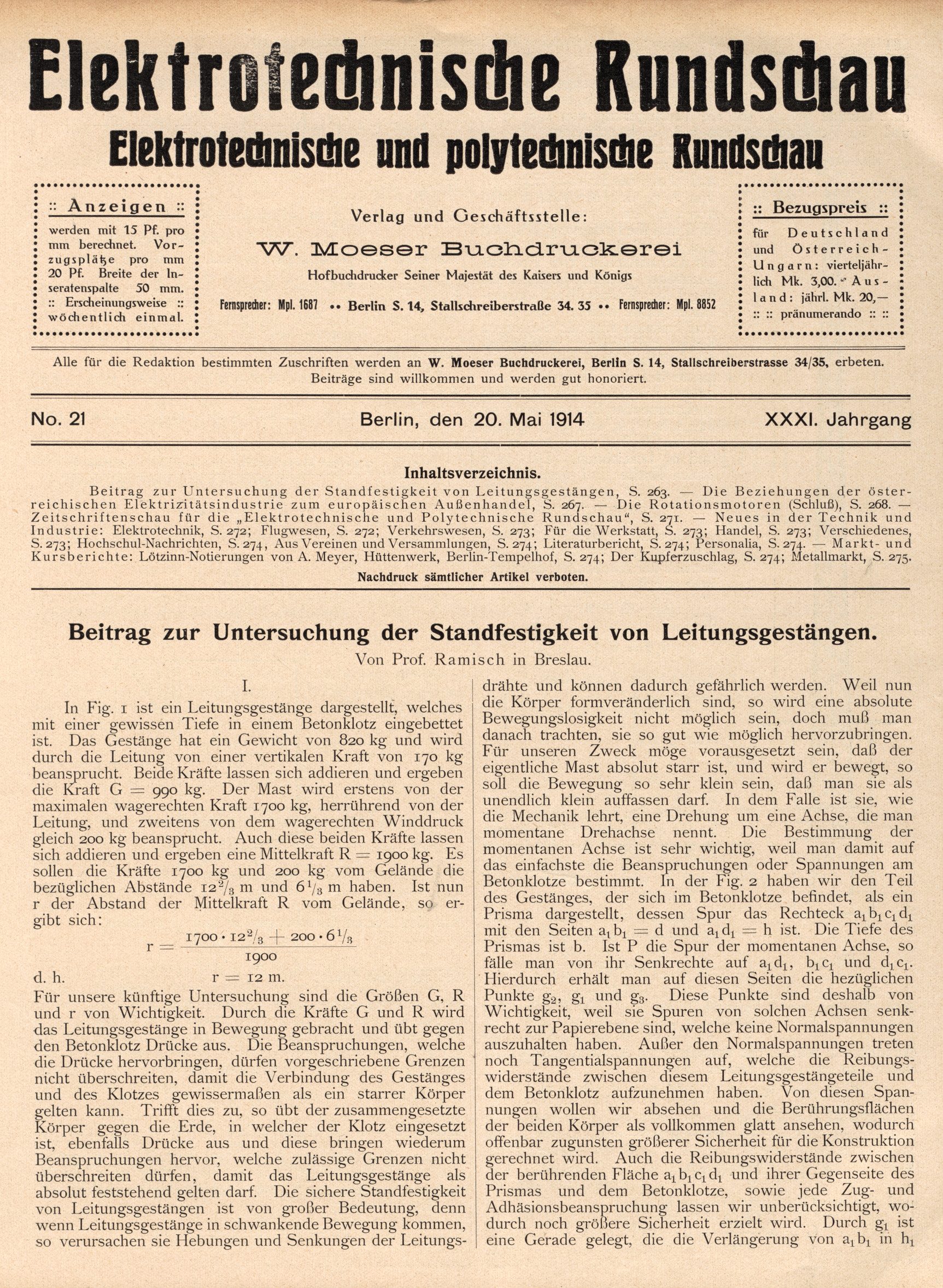 Elektrotechnische Rundschau : Elektrotechnische und polytechnische Rundschau, No. 21, XXXI. Jahrgang