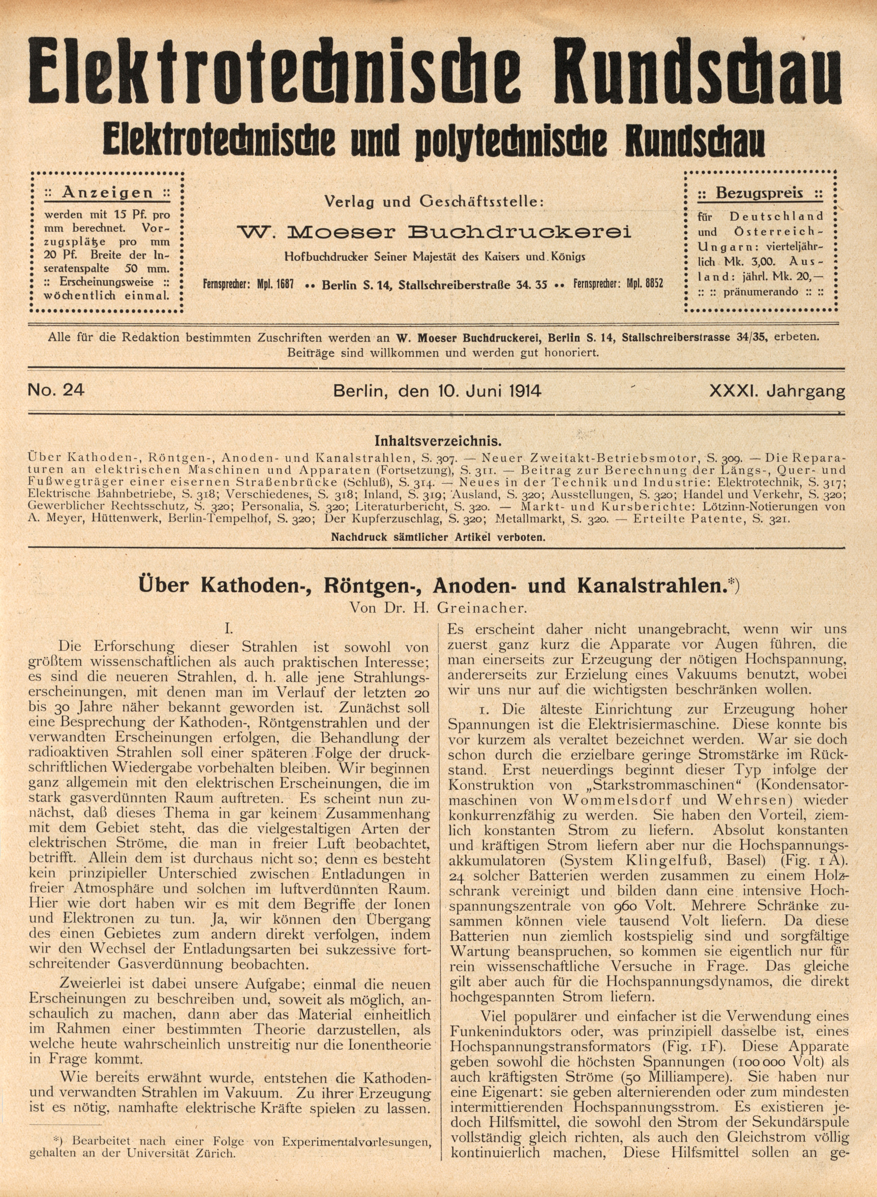 Elektrotechnische Rundschau : Elektrotechnische und polytechnische Rundschau, No. 24, XXXI. Jahrgang