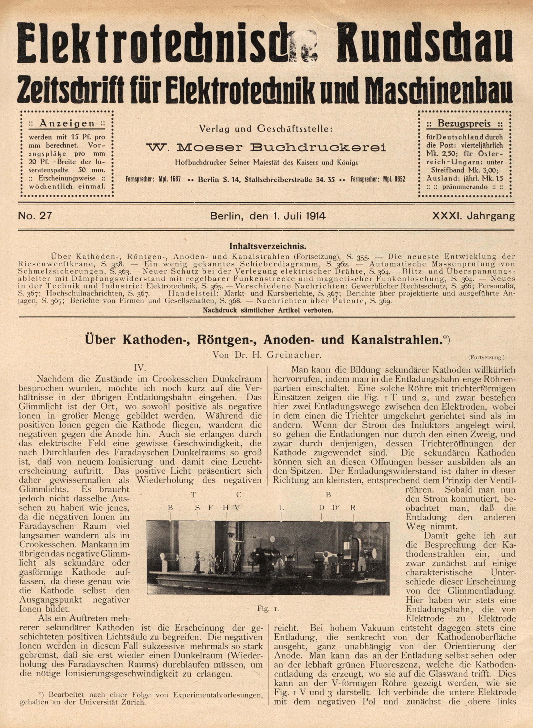 Elektrotechnische Rundschau : Zeitschrift für Elektrotechnik und Maschinenbau + Polytechnische Rundschau, No. 27, XXXI. Jahrgang