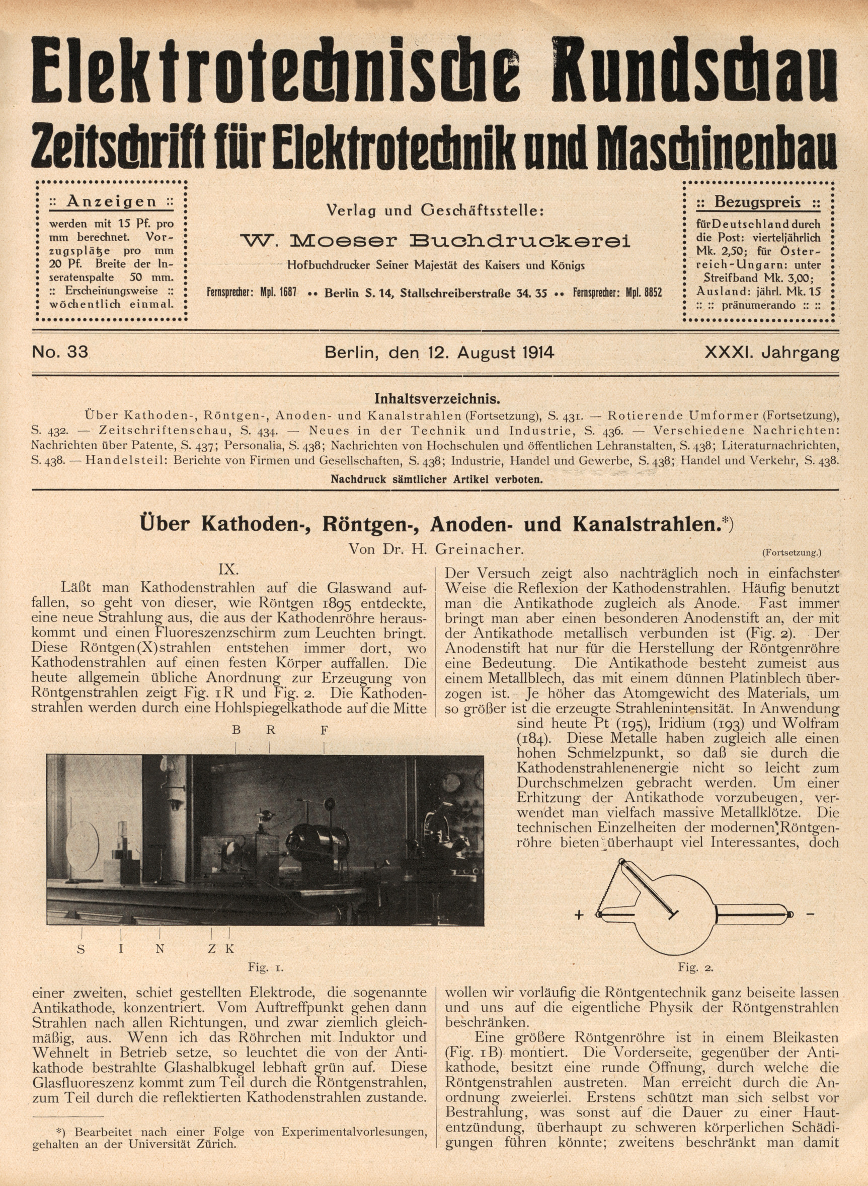 Elektrotechnische Rundschau : Zeitschrift für Elektrotechnik und Maschinenbau + Polytechnische Rundschau, No. 33, XXXI. Jahrgang