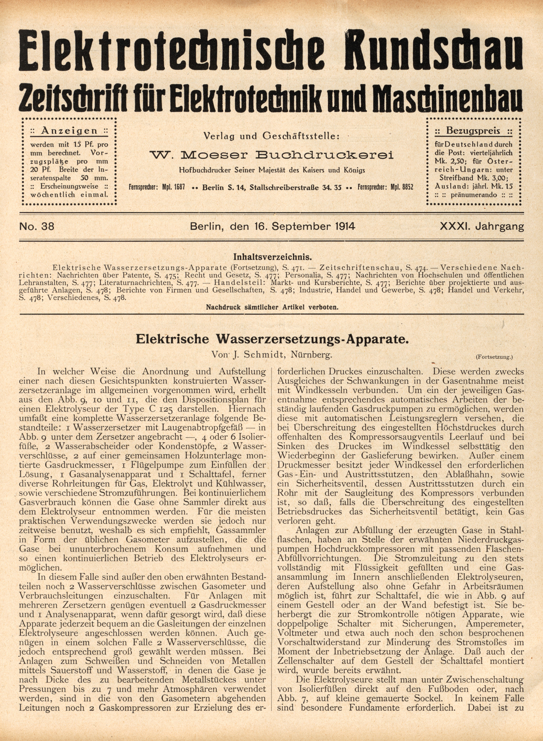 Elektrotechnische Rundschau : Zeitschrift für Elektrotechnik und Maschinenbau + Polytechnische Rundschau, No. 38, XXXI. Jahrgang