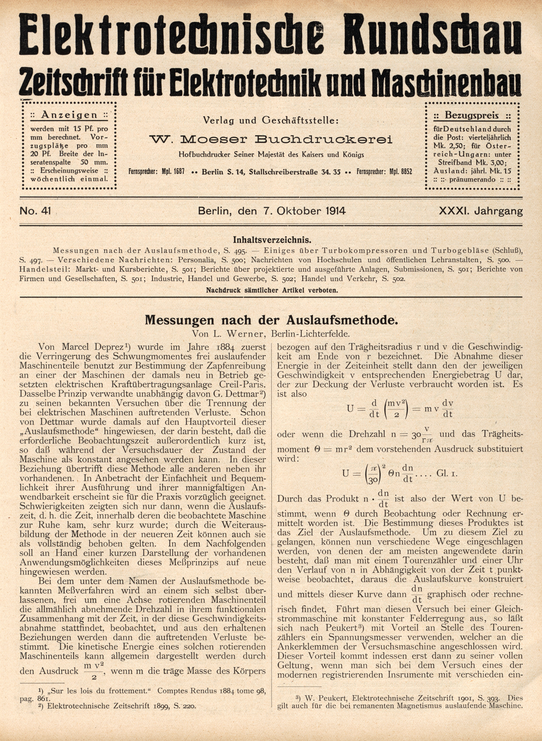 Elektrotechnische Rundschau : Zeitschrift für Elektrotechnik und Maschinenbau + Polytechnische Rundschau, No. 41, XXXI. Jahrgang