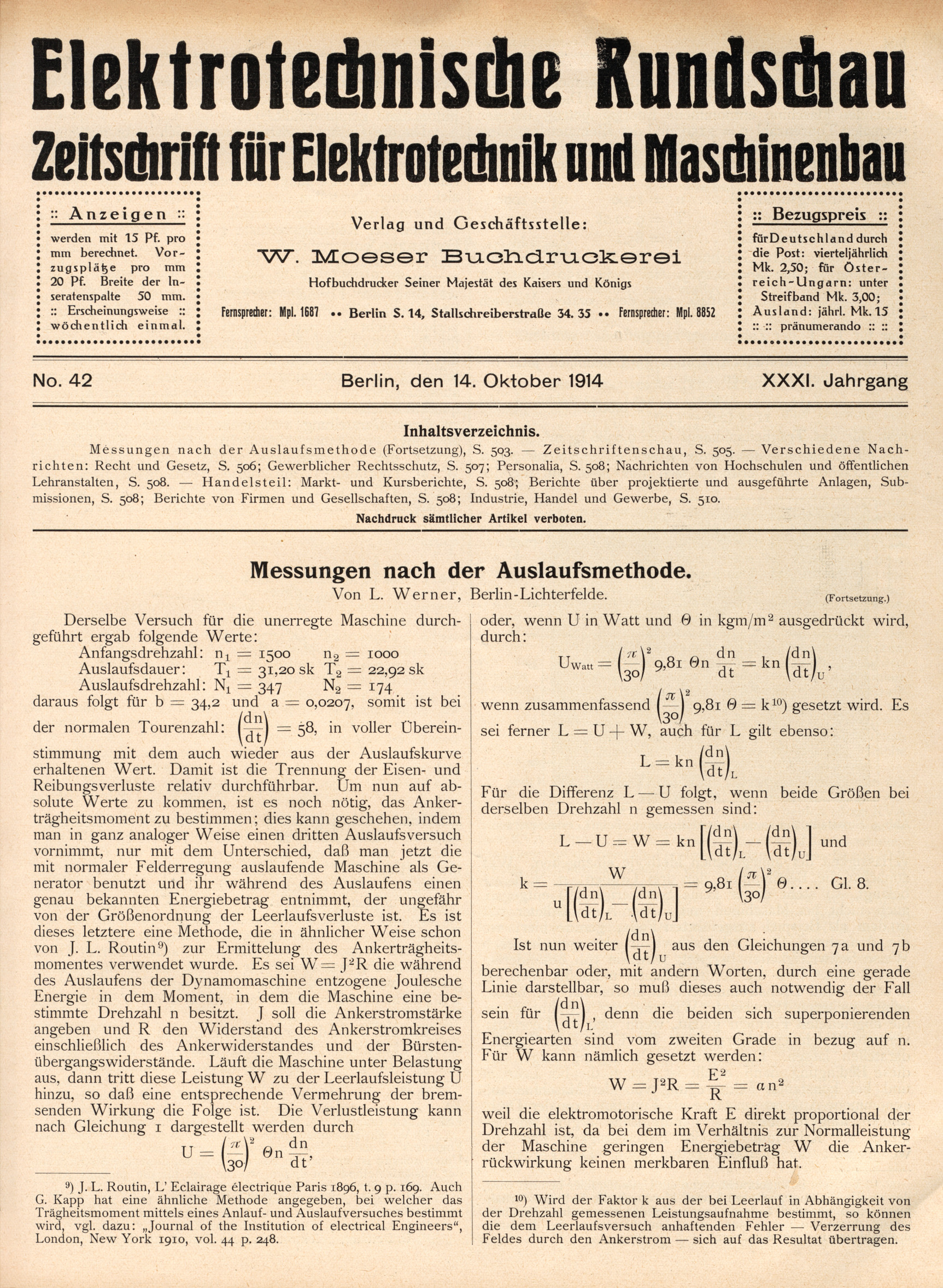 Elektrotechnische Rundschau : Zeitschrift für Elektrotechnik und Maschinenbau + Polytechnische Rundschau, No. 42, XXXI. Jahrgang