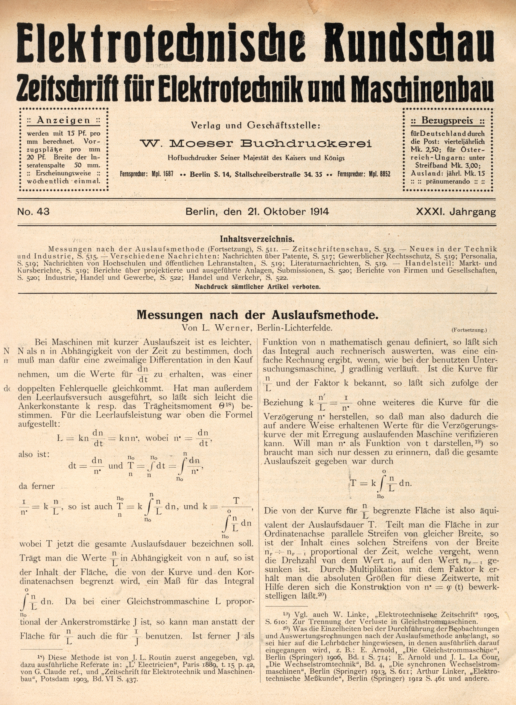 Elektrotechnische Rundschau : Zeitschrift für Elektrotechnik und Maschinenbau + Polytechnische Rundschau, No. 43, XXXI. Jahrgang