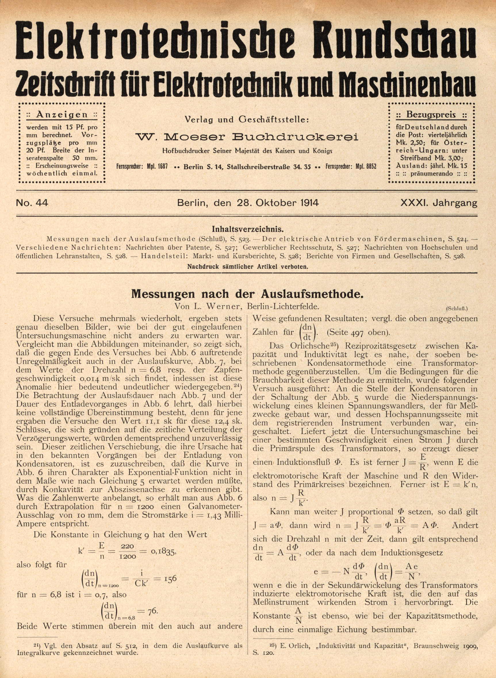 Elektrotechnische Rundschau : Zeitschrift für Elektrotechnik und Maschinenbau + Polytechnische Rundschau, No. 44, XXXI. Jahrgang