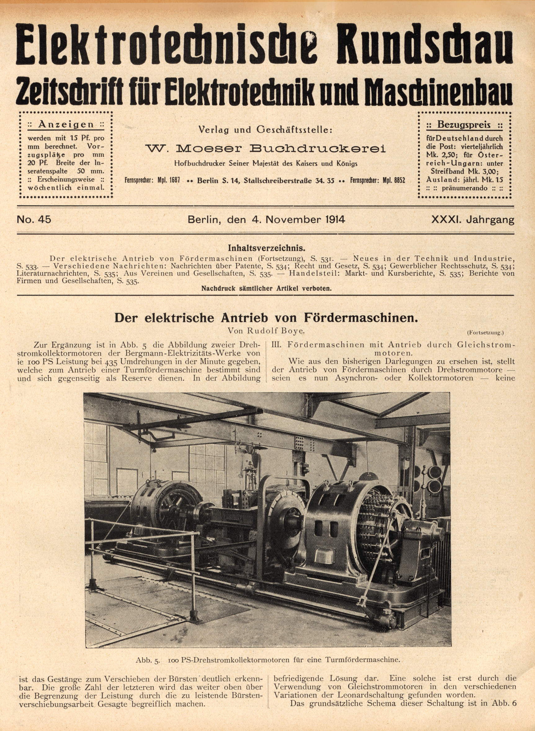 Elektrotechnische Rundschau : Zeitschrift für Elektrotechnik und Maschinenbau + Polytechnische Rundschau, No. 45, XXXI. Jahrgang