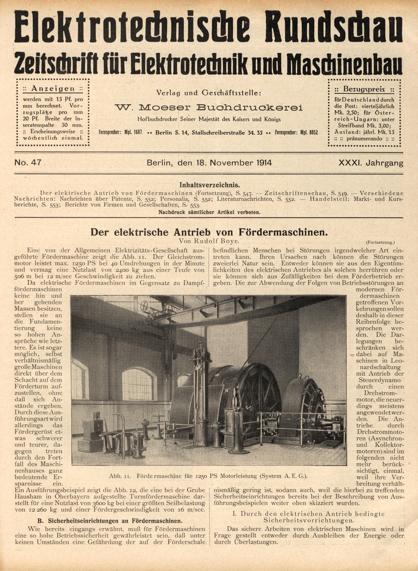 Elektrotechnische Rundschau : Zeitschrift für Elektrotechnik und Maschinenbau + Polytechnische Rundschau, No. 47, XXXI. Jahrgang